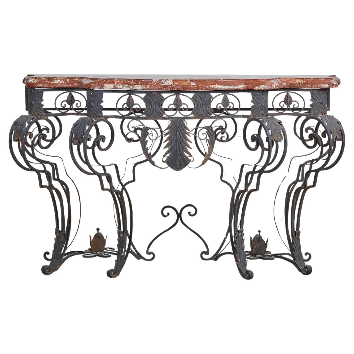 Louis XIV Style Wrought Iron Console Table W/ Rouge Marble Top Late 19th Century