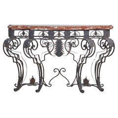 Antique Louis XIV Style Wrought Iron Console Table W/ Rouge Marble Top Late 19th Century