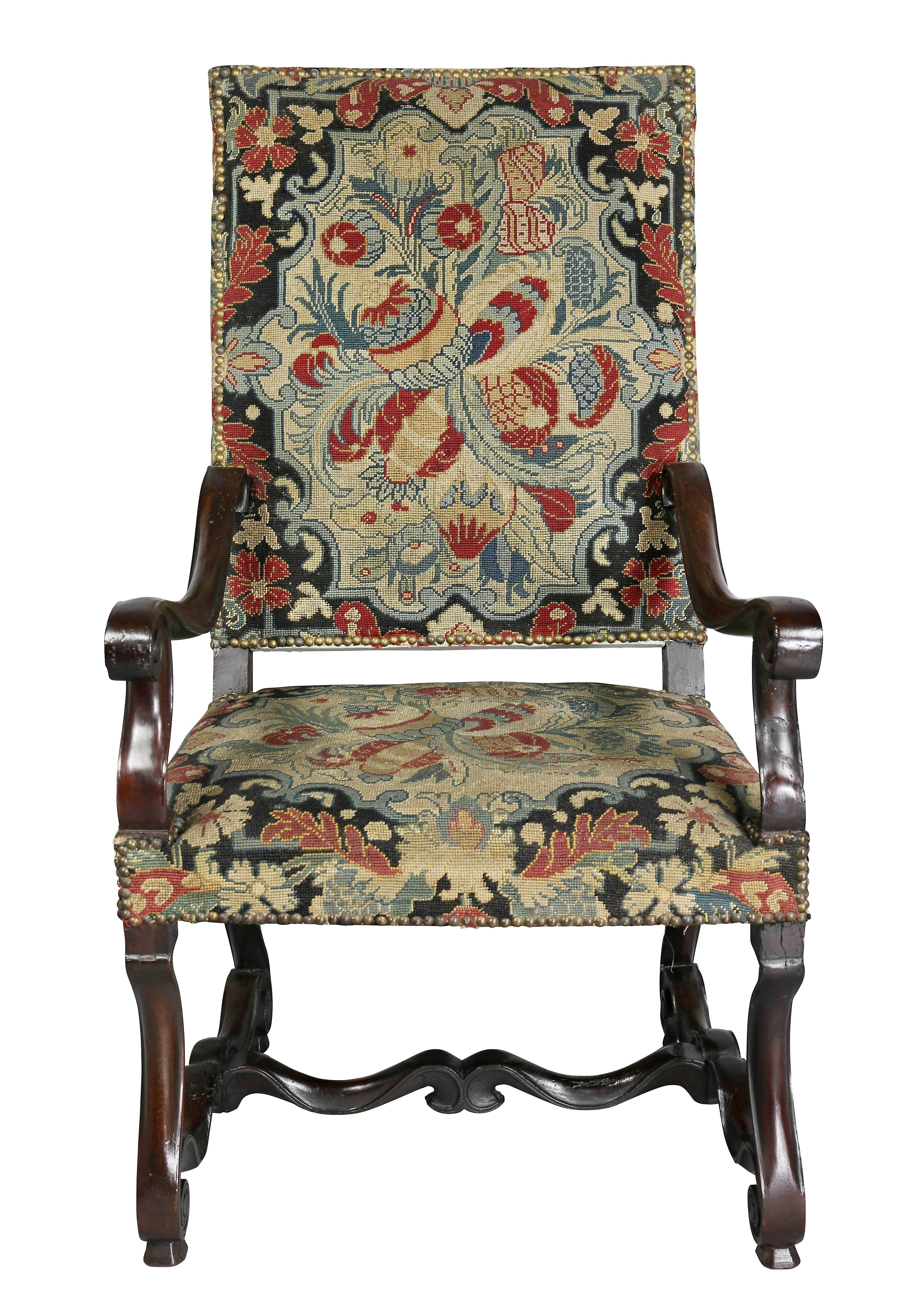 French Louis XIV Walnut And Needlepoint Armchair