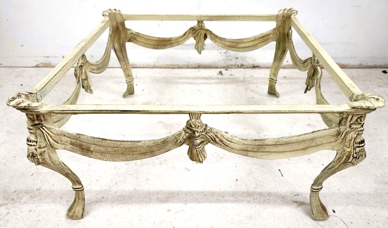 Offering one of our recent Palm Beach estate fine furniture acquisitions of a 
Midcentury Louis XlV Style Cast Metal Coffee Table
Coloration: There is a hint of very light seafoam green/pistachio and photo 2 is the most accurate as to
