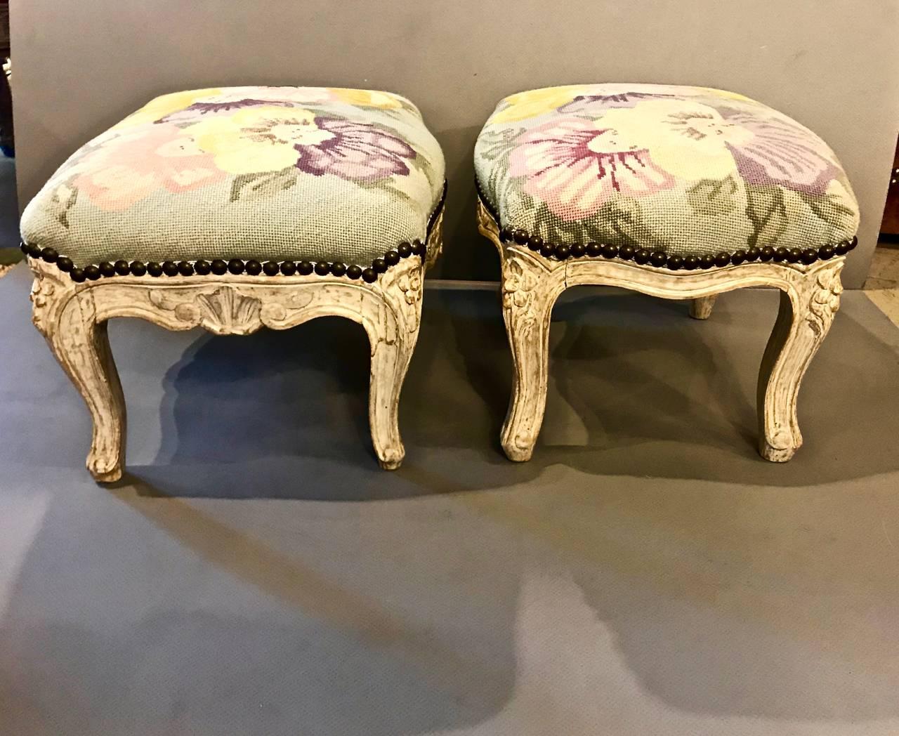 Carved Louis XV 18th Century Footstools, Pair