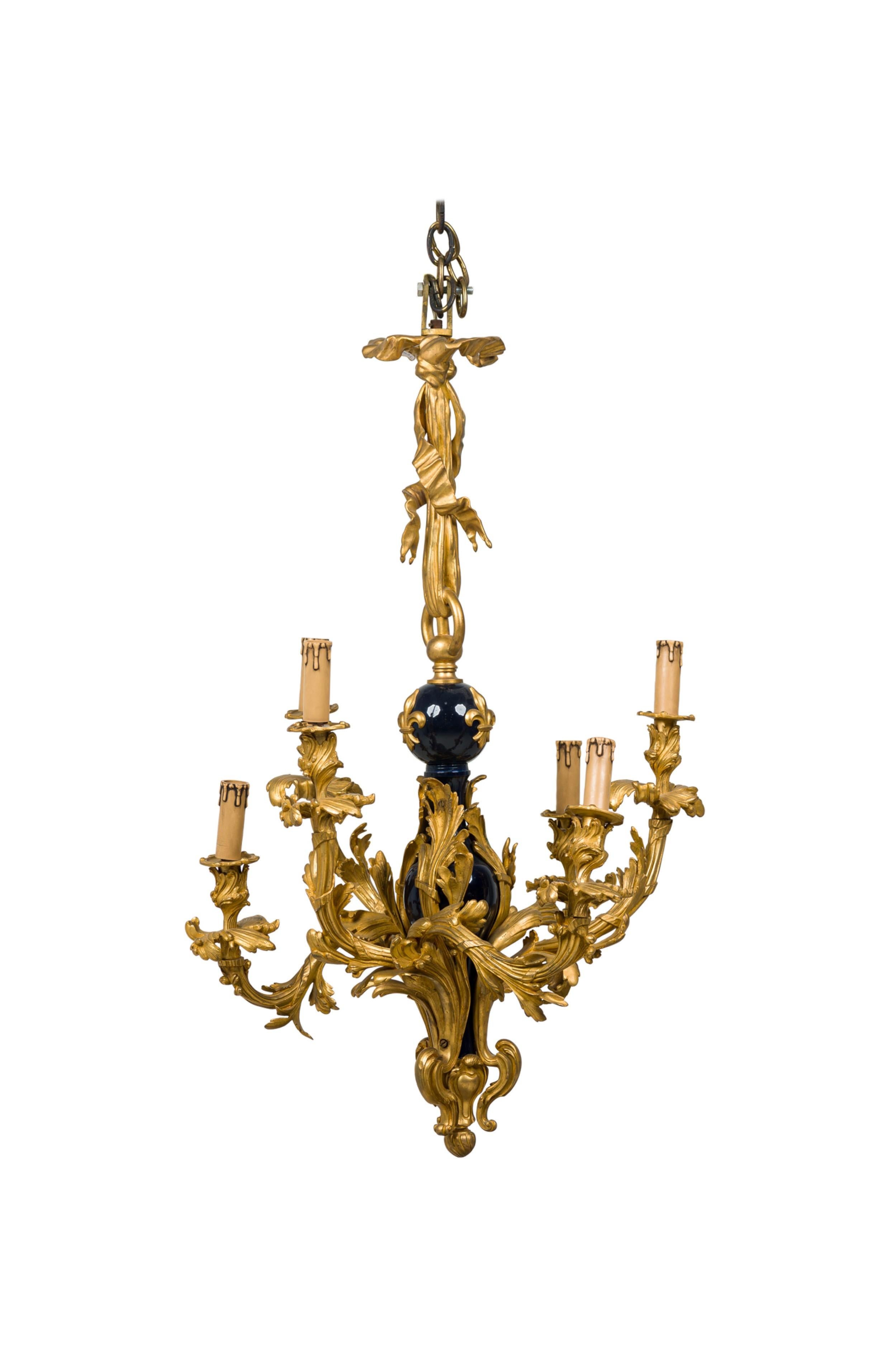 French Louis XV 19th Century Bronze Dore and Cobalt Porcelain Eight-Arm Chandelier For Sale