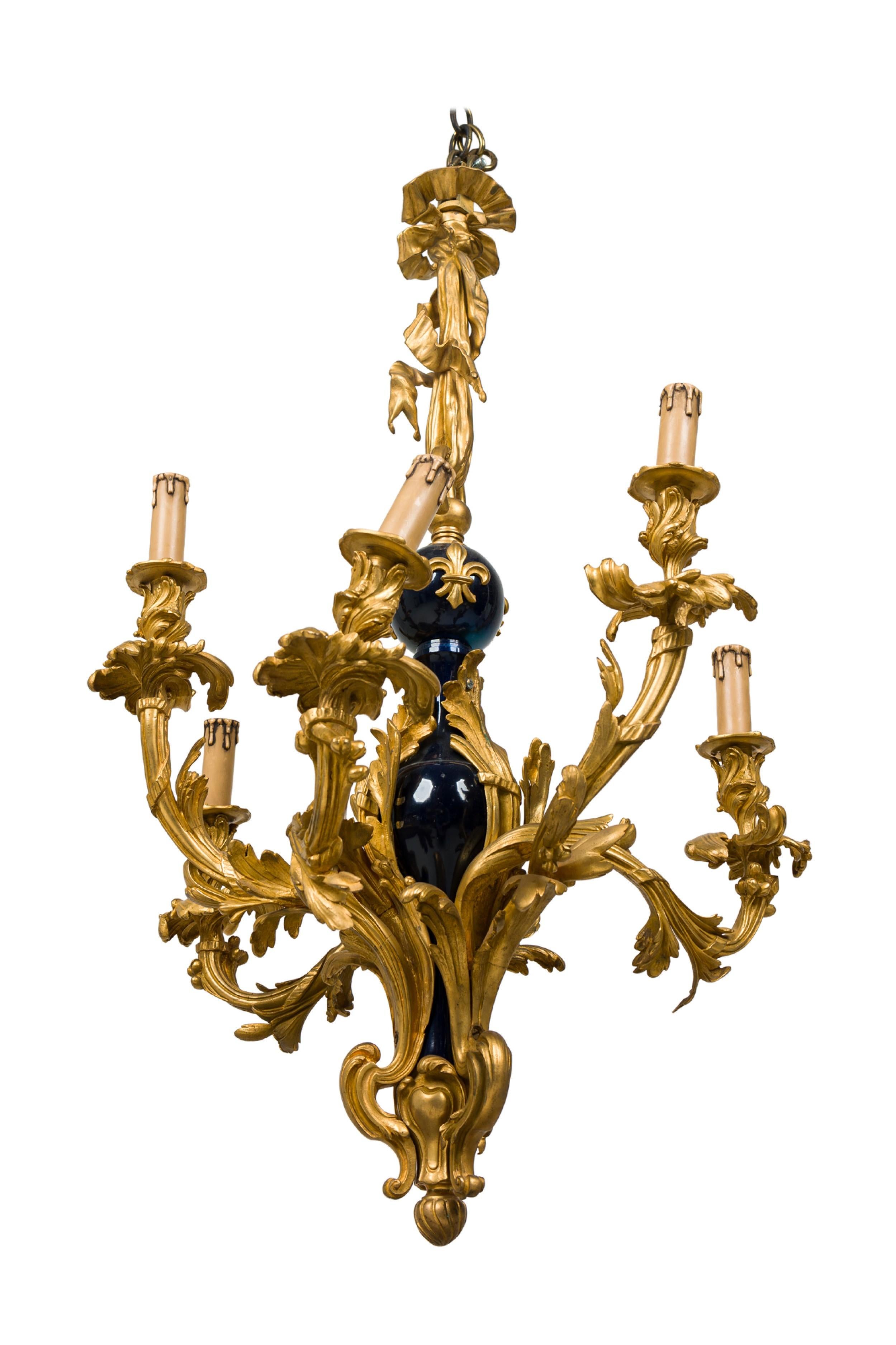 Metal Louis XV 19th Century Bronze Dore and Cobalt Porcelain Eight-Arm Chandelier For Sale