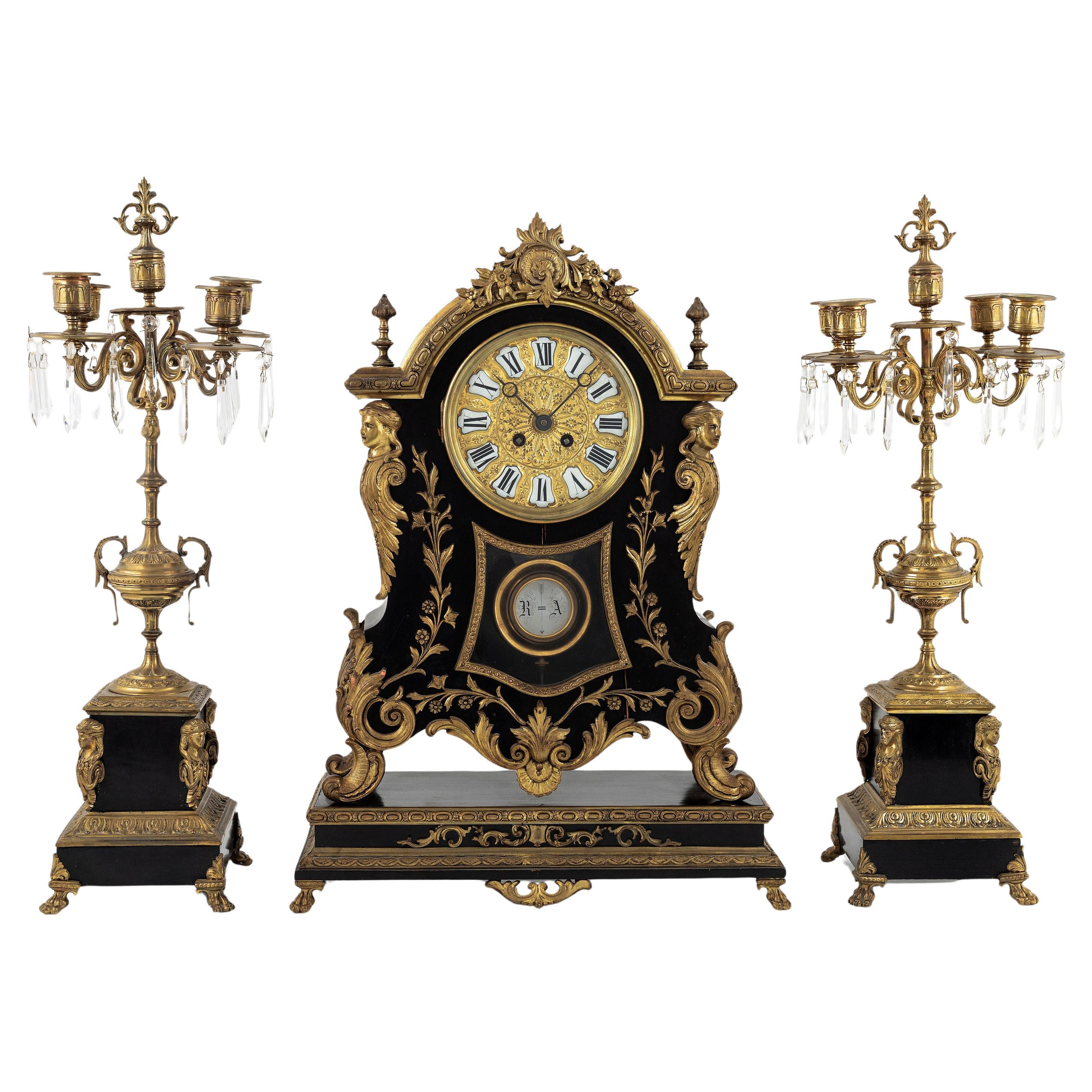 Set di orologi antichi Luigi XV Boulle in legno nero e bronzo dorato XIX secolo in vendita