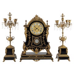 Louis XV Antique Boulle Clock Set Black Wood and Gild Bronze 19th century