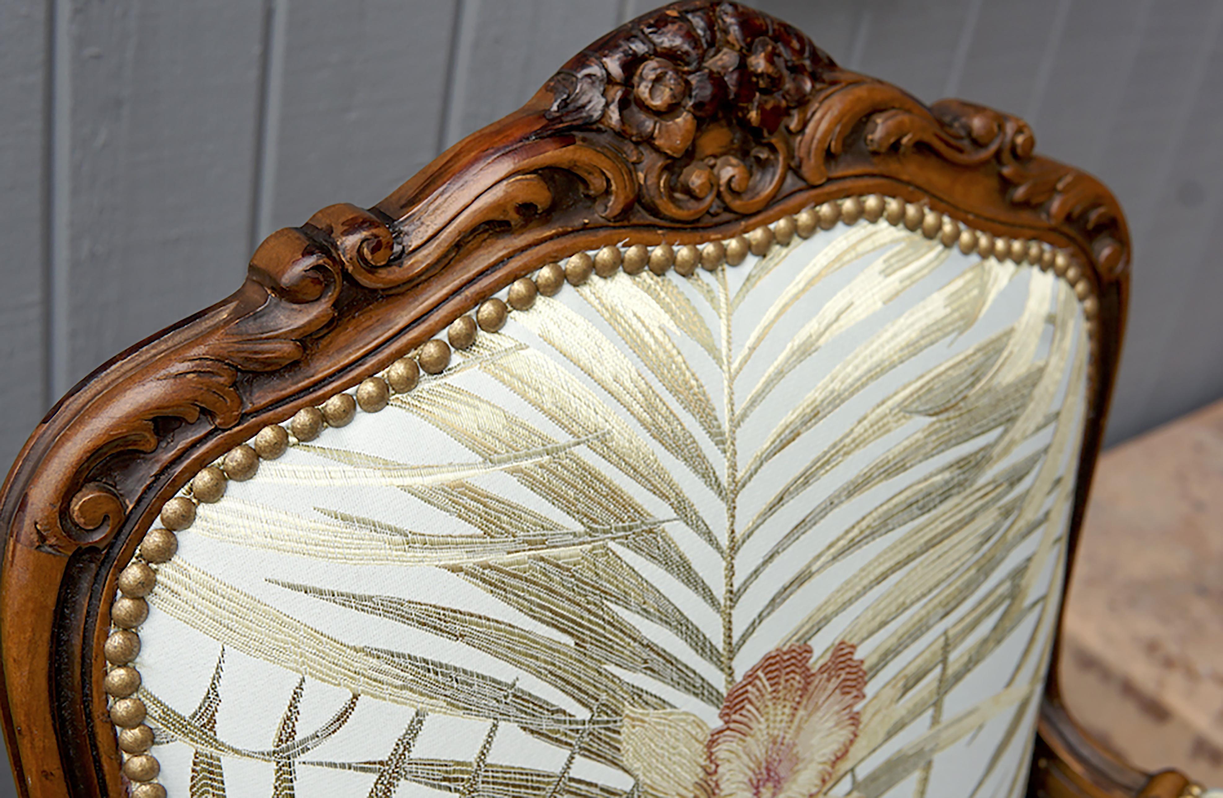 French Louis XV Antique Fauteil Armchair in Custom Botanical Silk For Sale