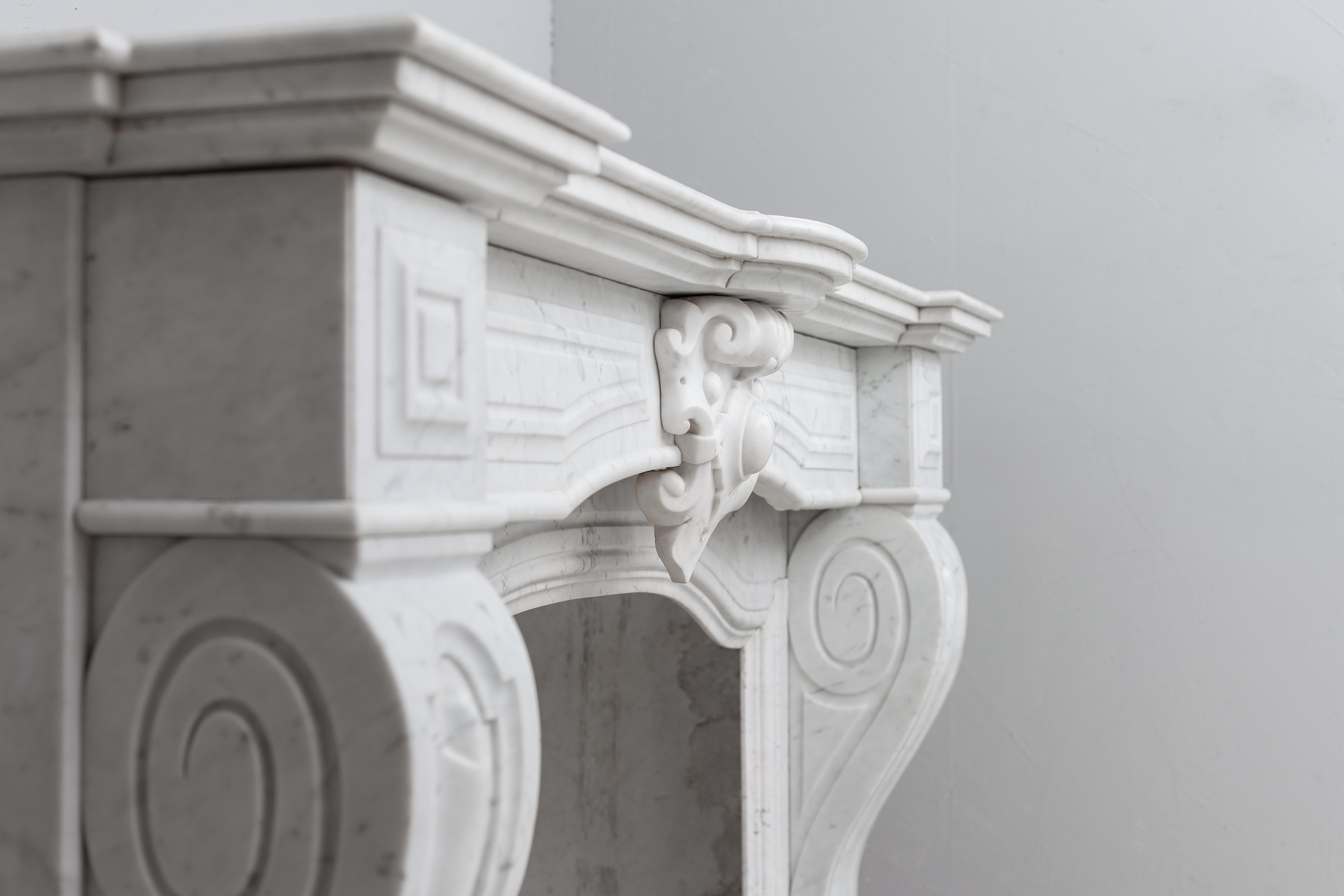 French Louis XV Antique White Carrara Marble fireplace