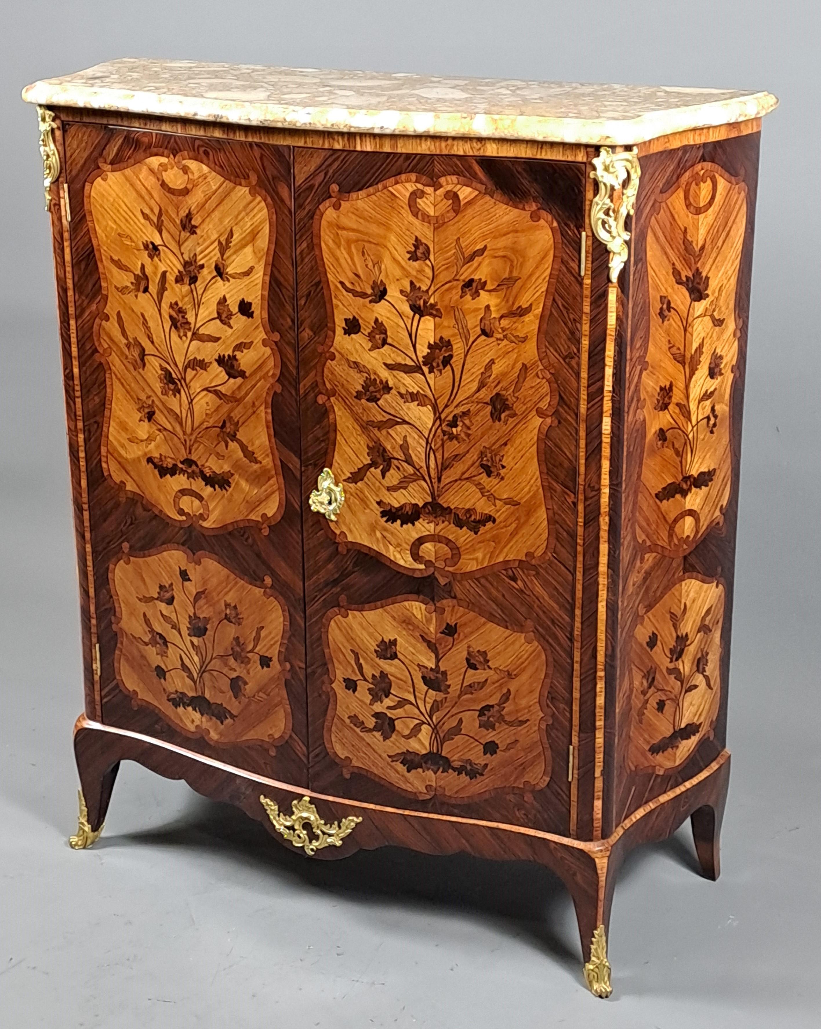 Marble Louis XV Armoirette With Floral Marquetry And Gilt Bronze For Sale