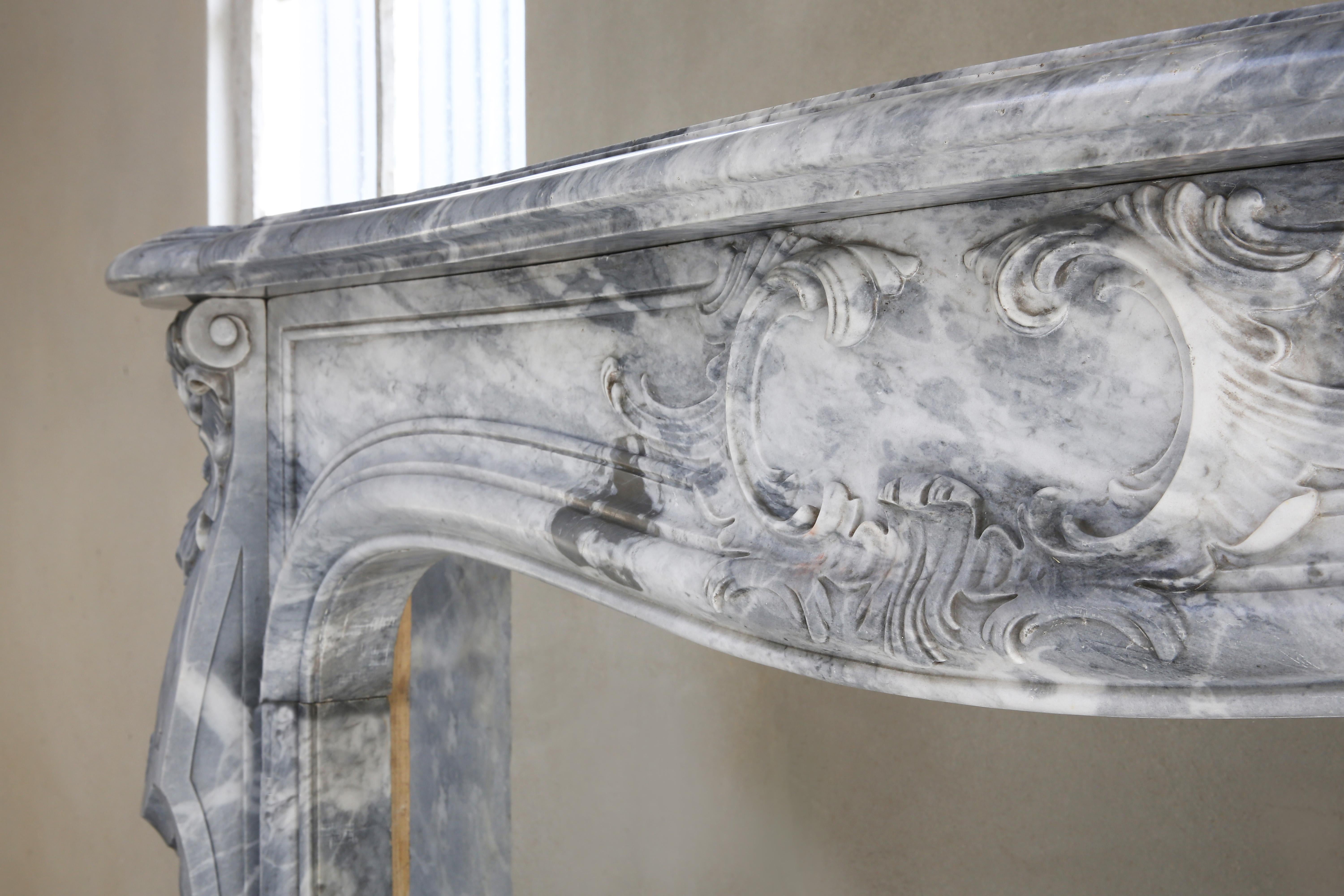 Limestone Louis XV Art Nouveau Style Marble Fireplace of Blue Turquin from 1910