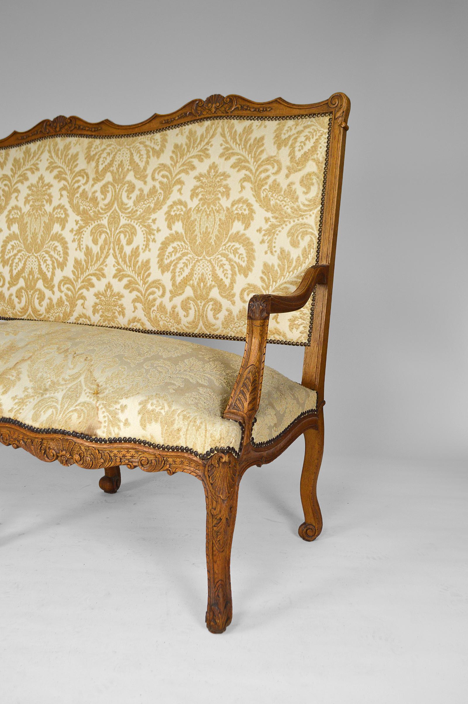Embroidered Louis XV Bench in Carved Oak, France, circa 1880 For Sale