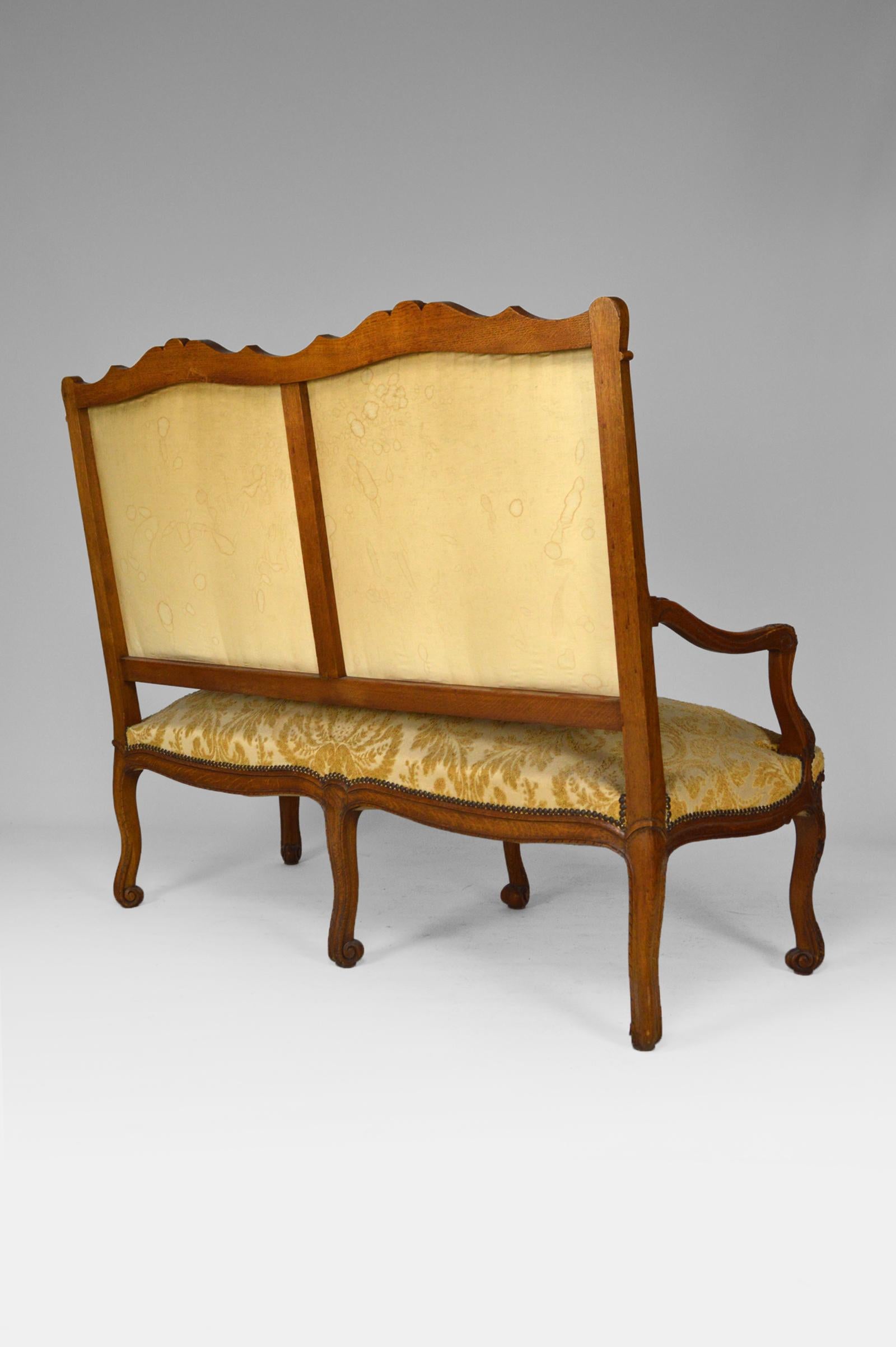 Fabric Louis XV Bench in Carved Oak, France, circa 1880 For Sale