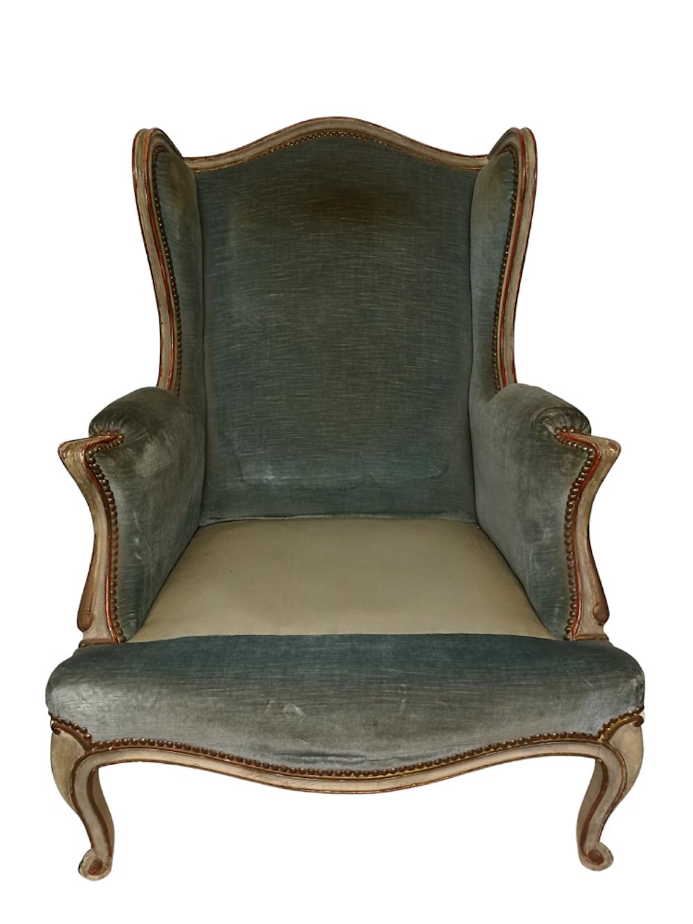 Sessel „Bergre“ im Stil Louis XV. aus blauem Samt 19. Jahrhundert (Französisch) im Angebot