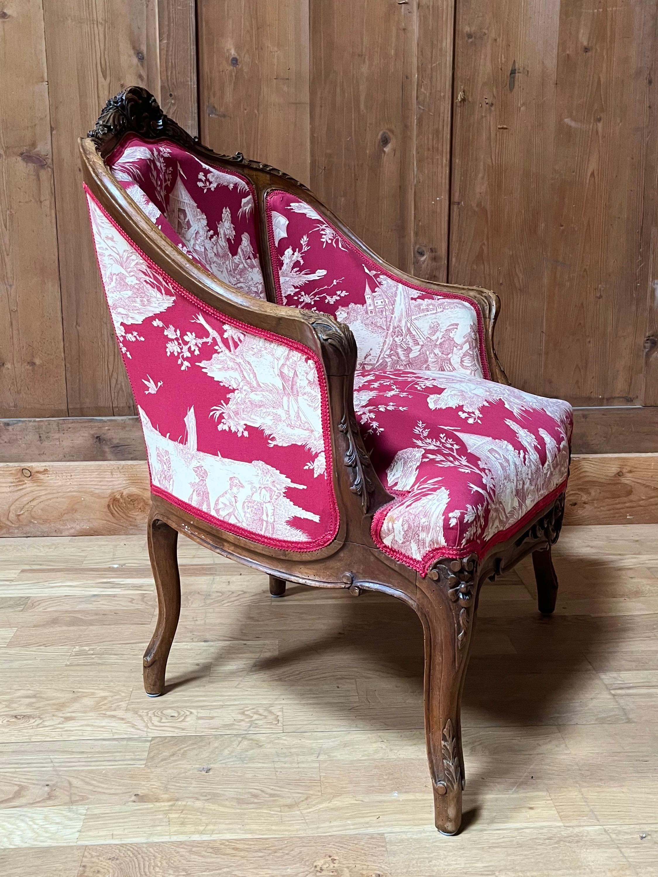 Louis XV Bergère Armchair toile de jouy & carved wood - Napoleon III - 19th For Sale 3