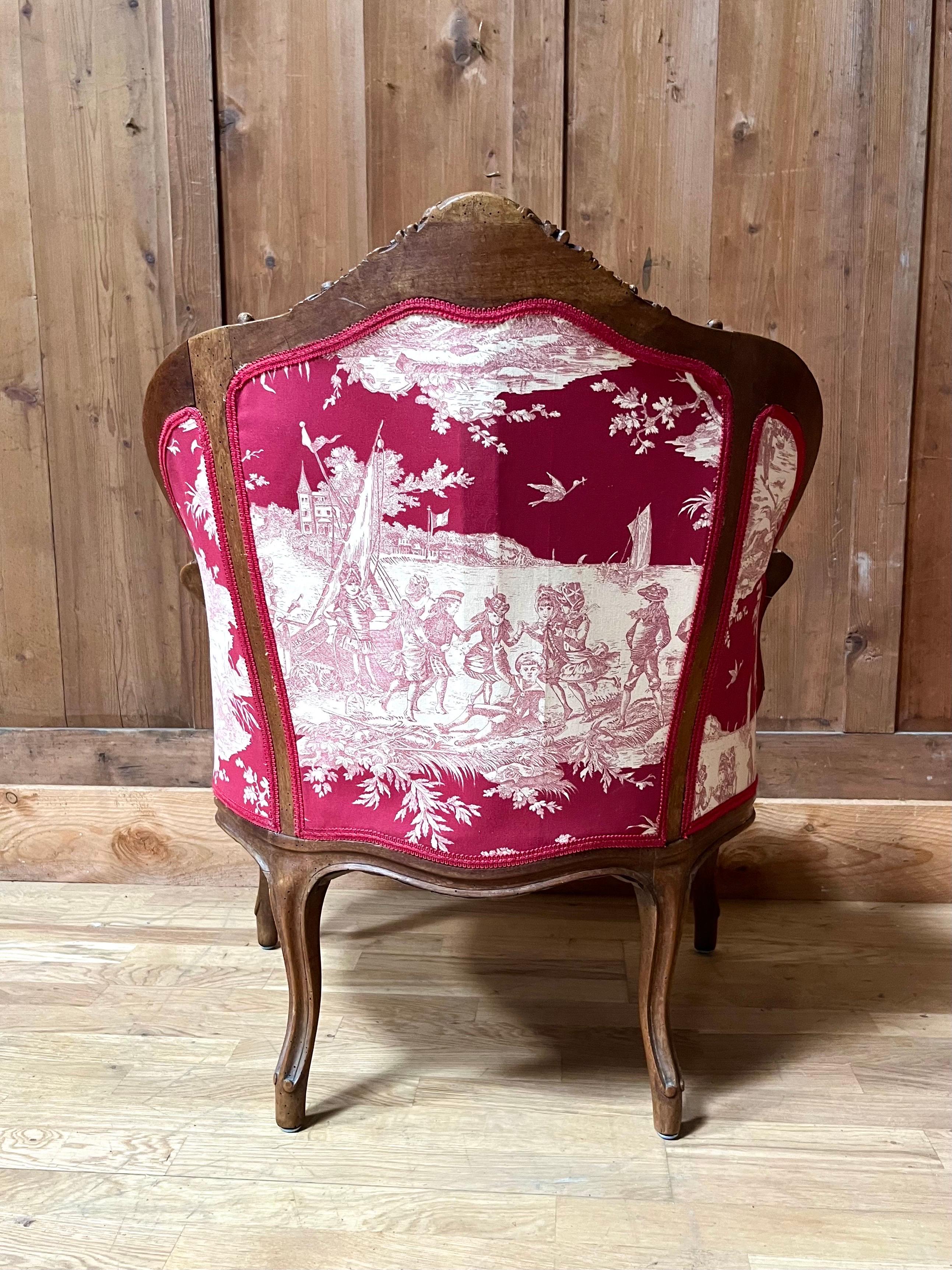 Louis XV Bergère Armchair toile de jouy & carved wood - Napoleon III - 19th For Sale 5