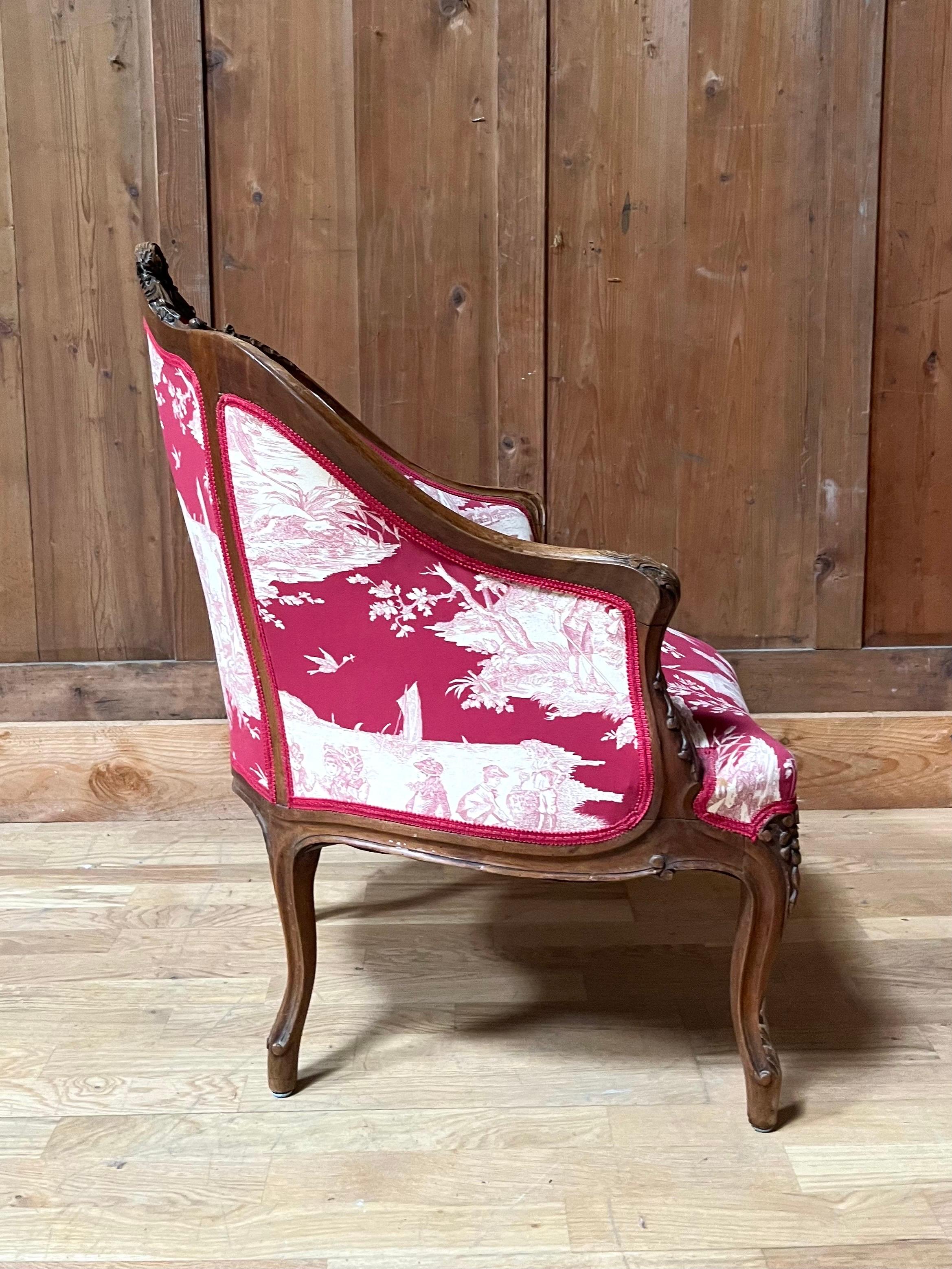 Louis XV Bergère Armchair toile de jouy & carved wood - Napoleon III - 19th For Sale 6