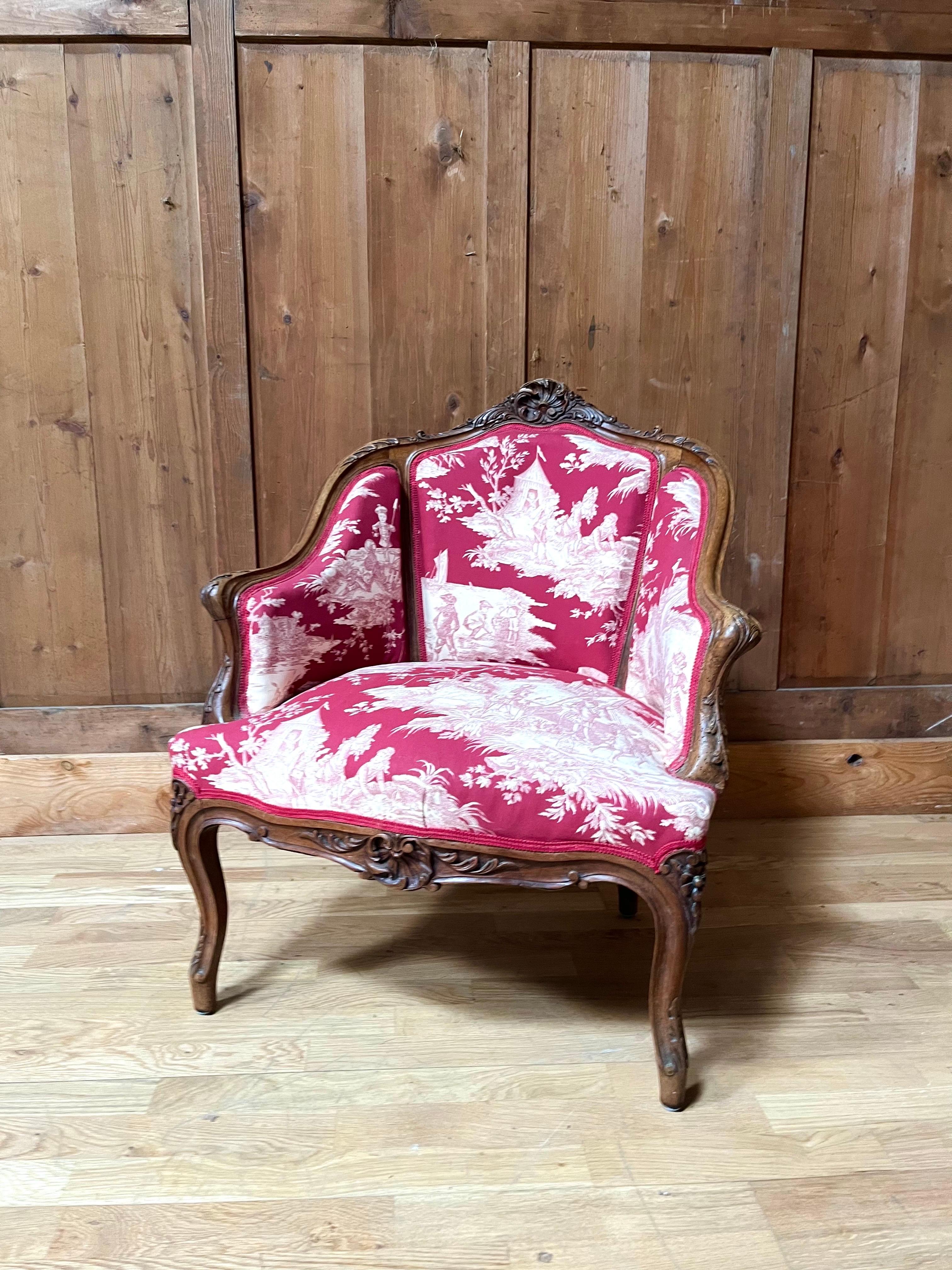 Louis XV Bergère Armchair toile de jouy & carved wood - Napoleon III - 19th For Sale 8