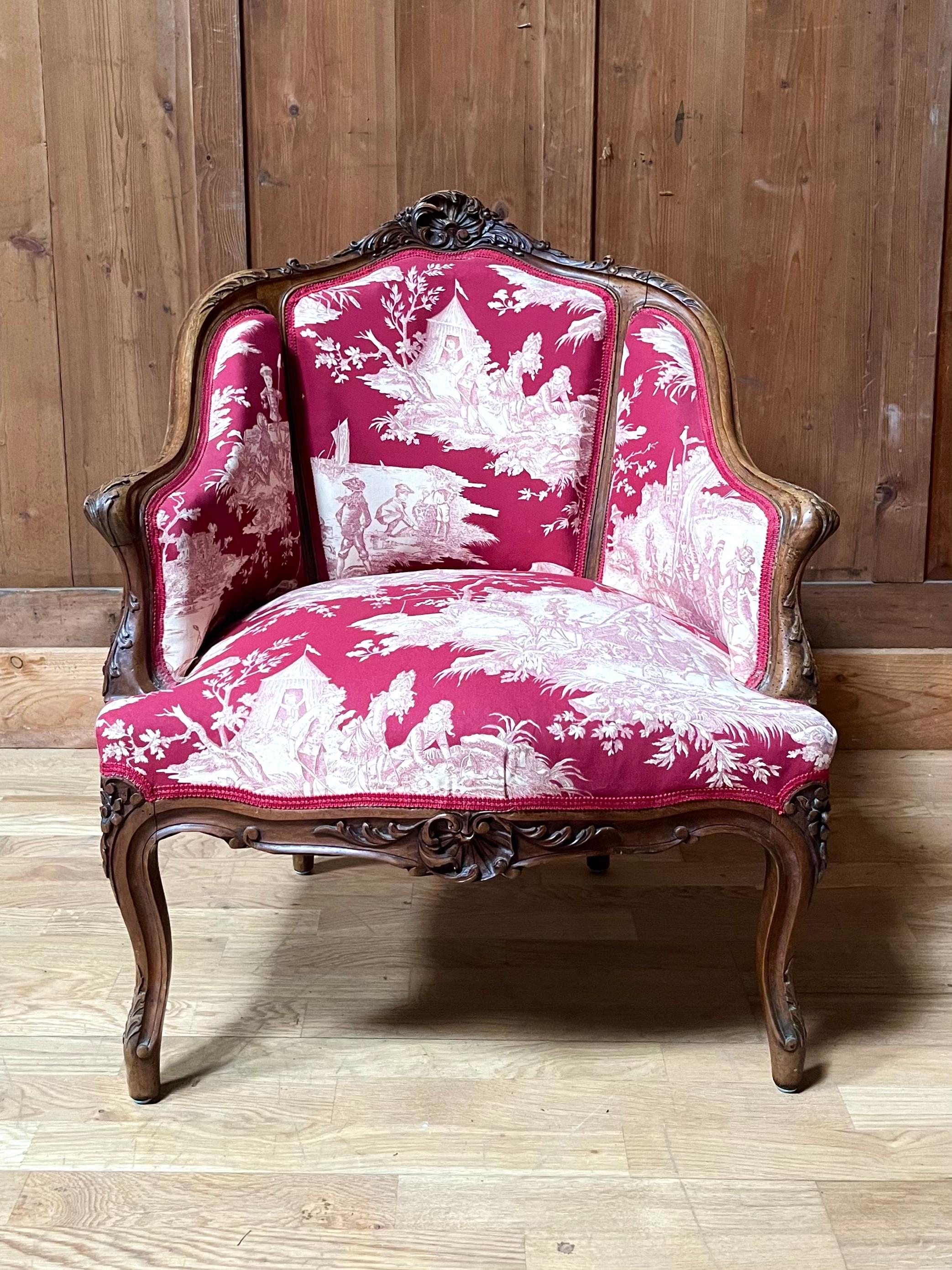 Louis XV Bergère Armchair toile de jouy & carved wood - Napoleon III - 19th For Sale 9