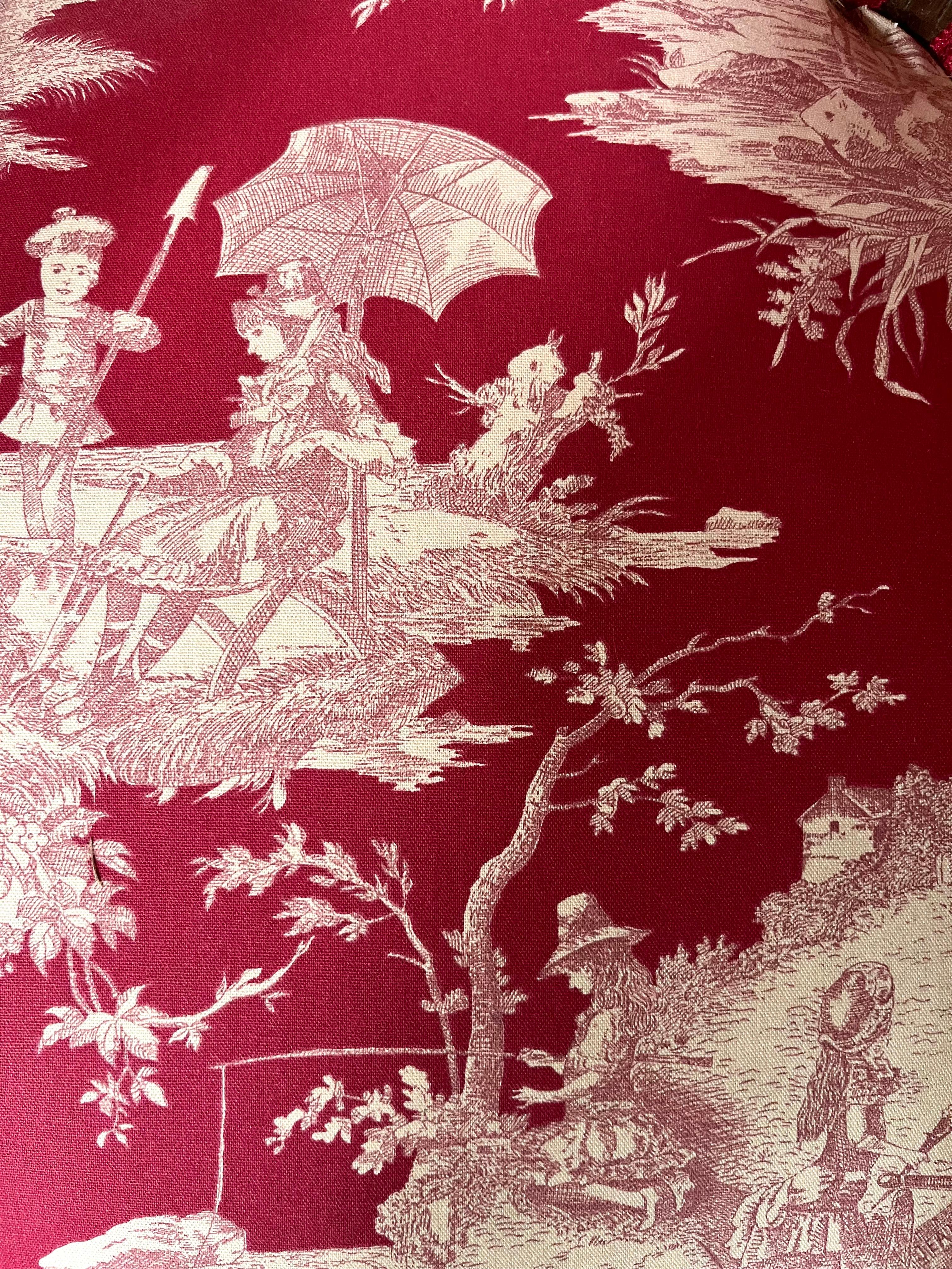 French Louis XV Bergère Armchair toile de jouy & carved wood - Napoleon III - 19th For Sale