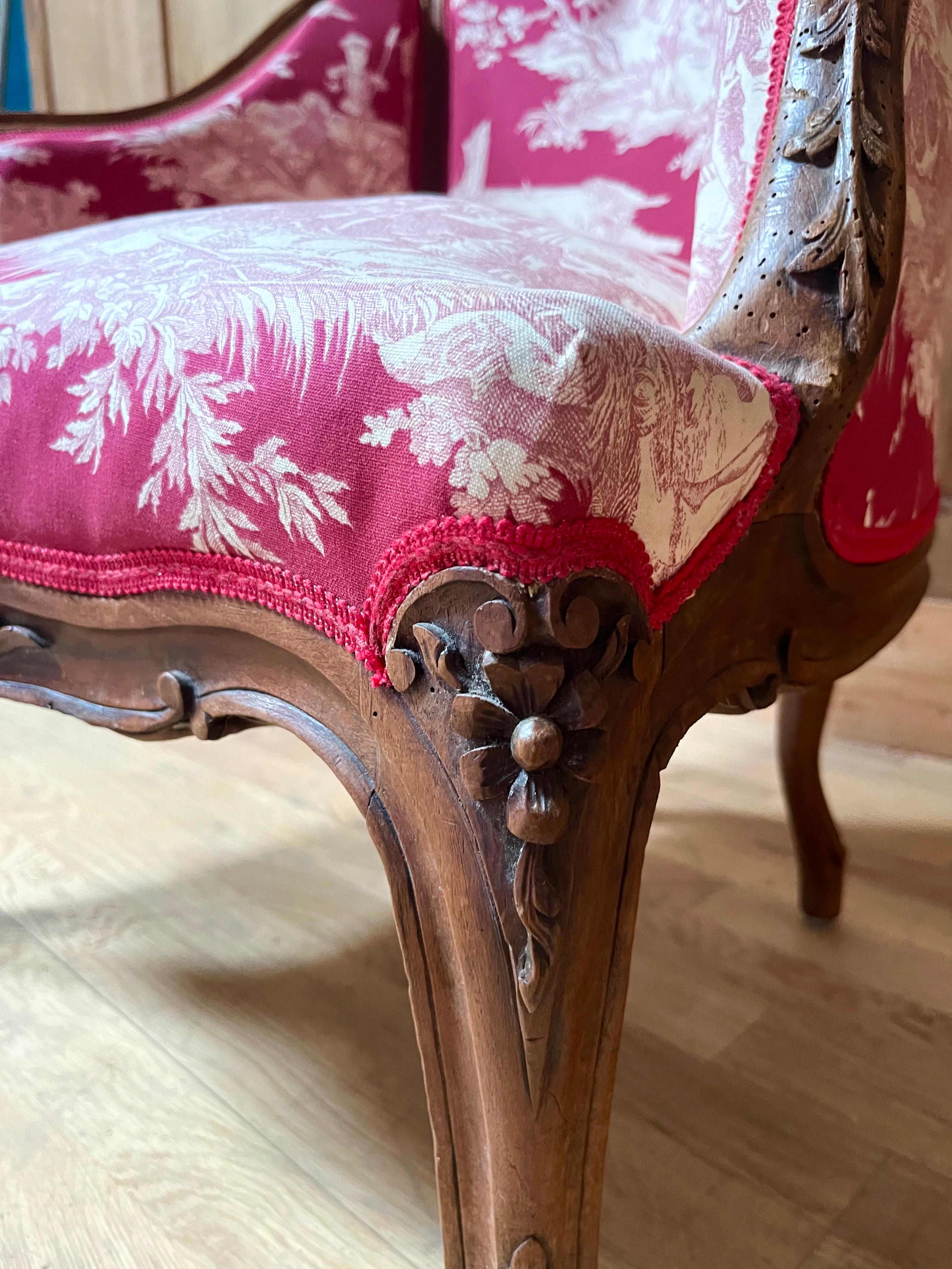 19th Century Louis XV Bergère Armchair toile de jouy & carved wood - Napoleon III - 19th For Sale