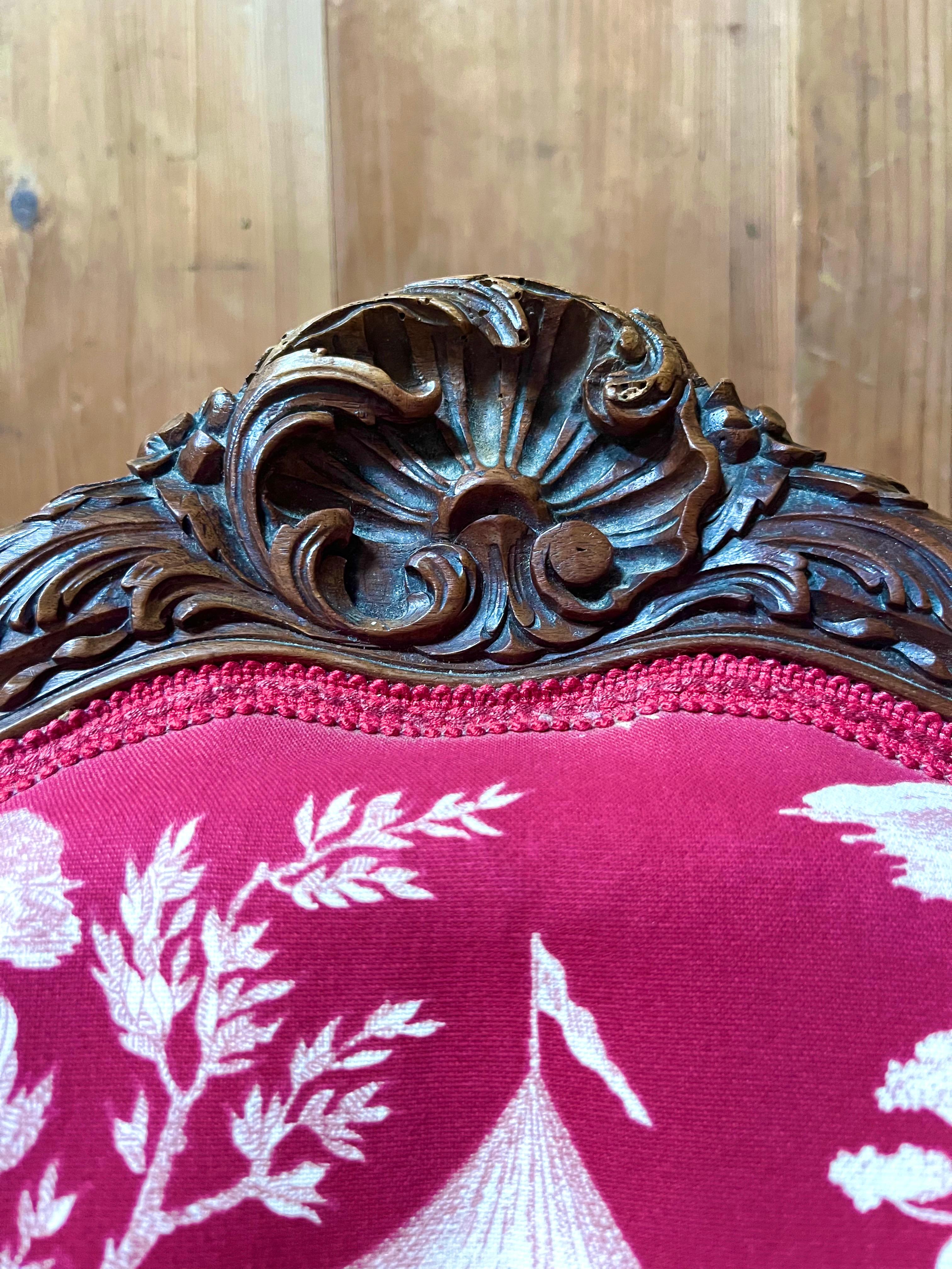 Upholstery Louis XV Bergère Armchair toile de jouy & carved wood - Napoleon III - 19th For Sale