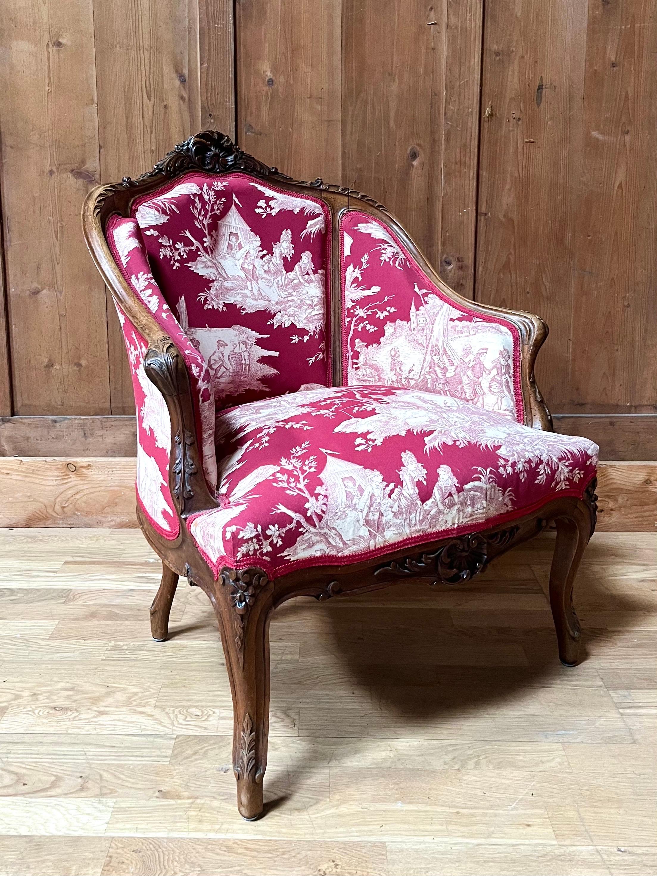 Louis XV Bergère Armchair toile de jouy & carved wood - Napoleon III - 19th For Sale 1