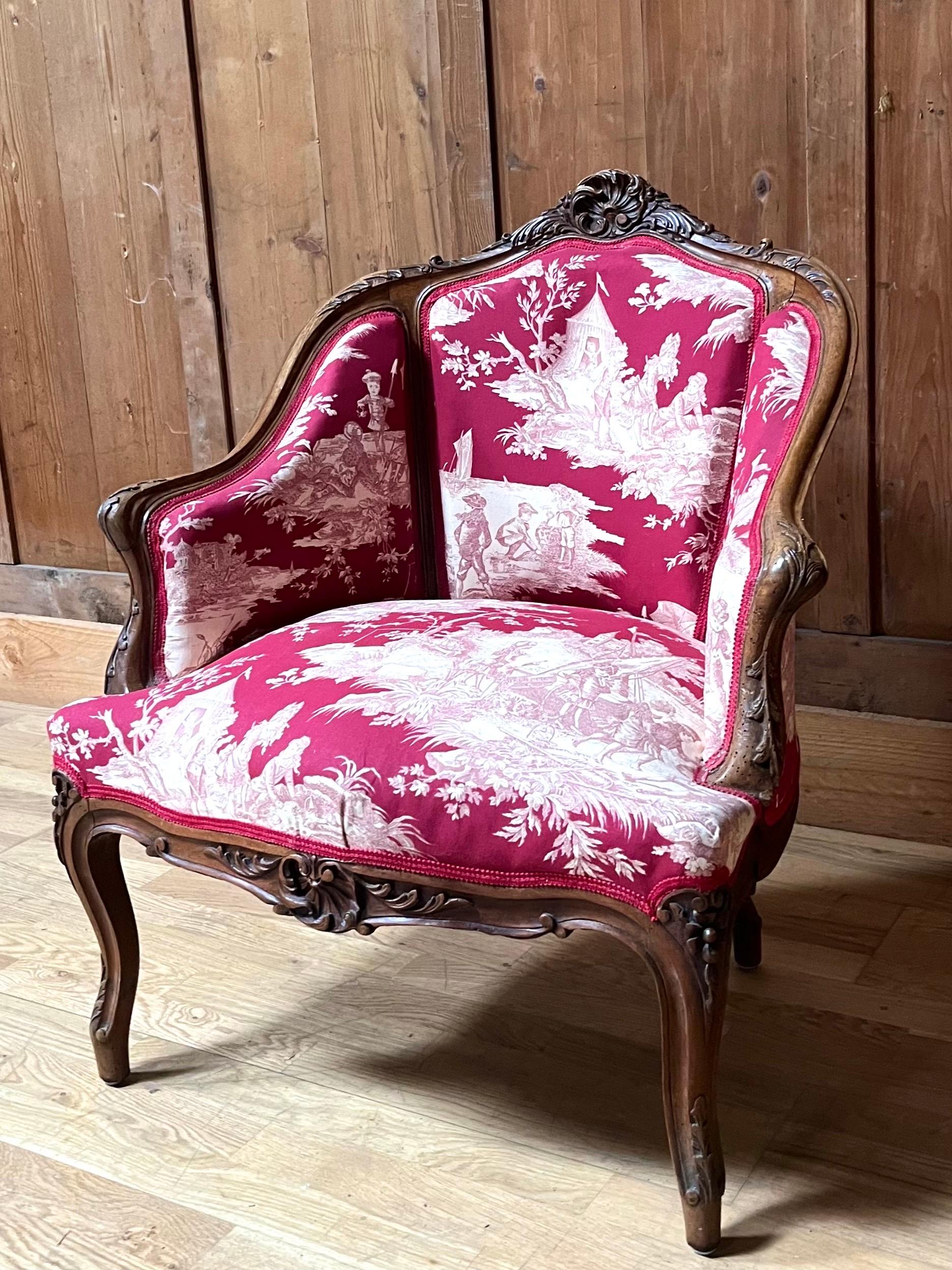 Louis XV Bergère Armchair toile de jouy & carved wood - Napoleon III - 19th For Sale 2