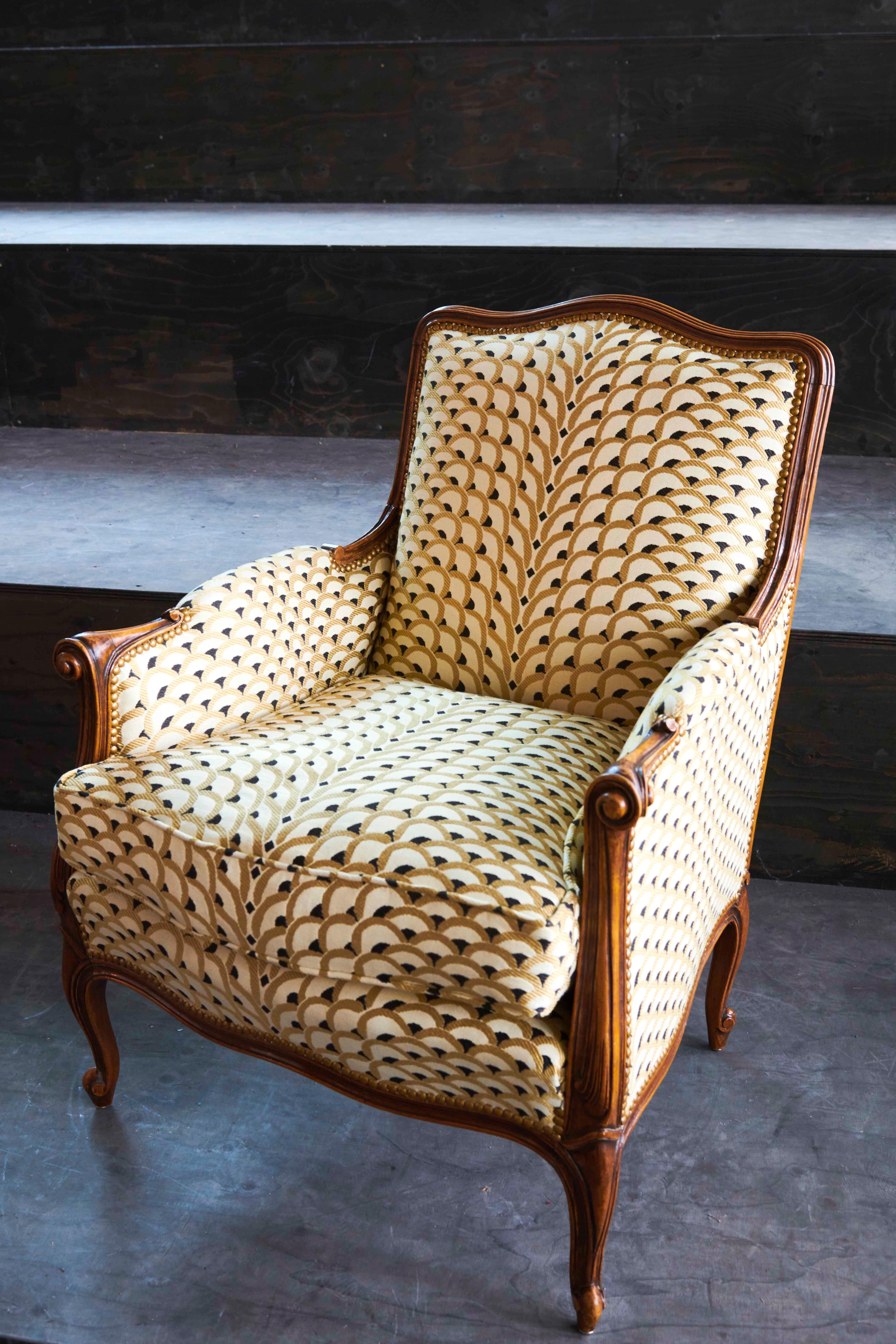 20th Century Louis XV Bergère Style Chair with Pierre Frey Fabric and Antique Suzani For Sale