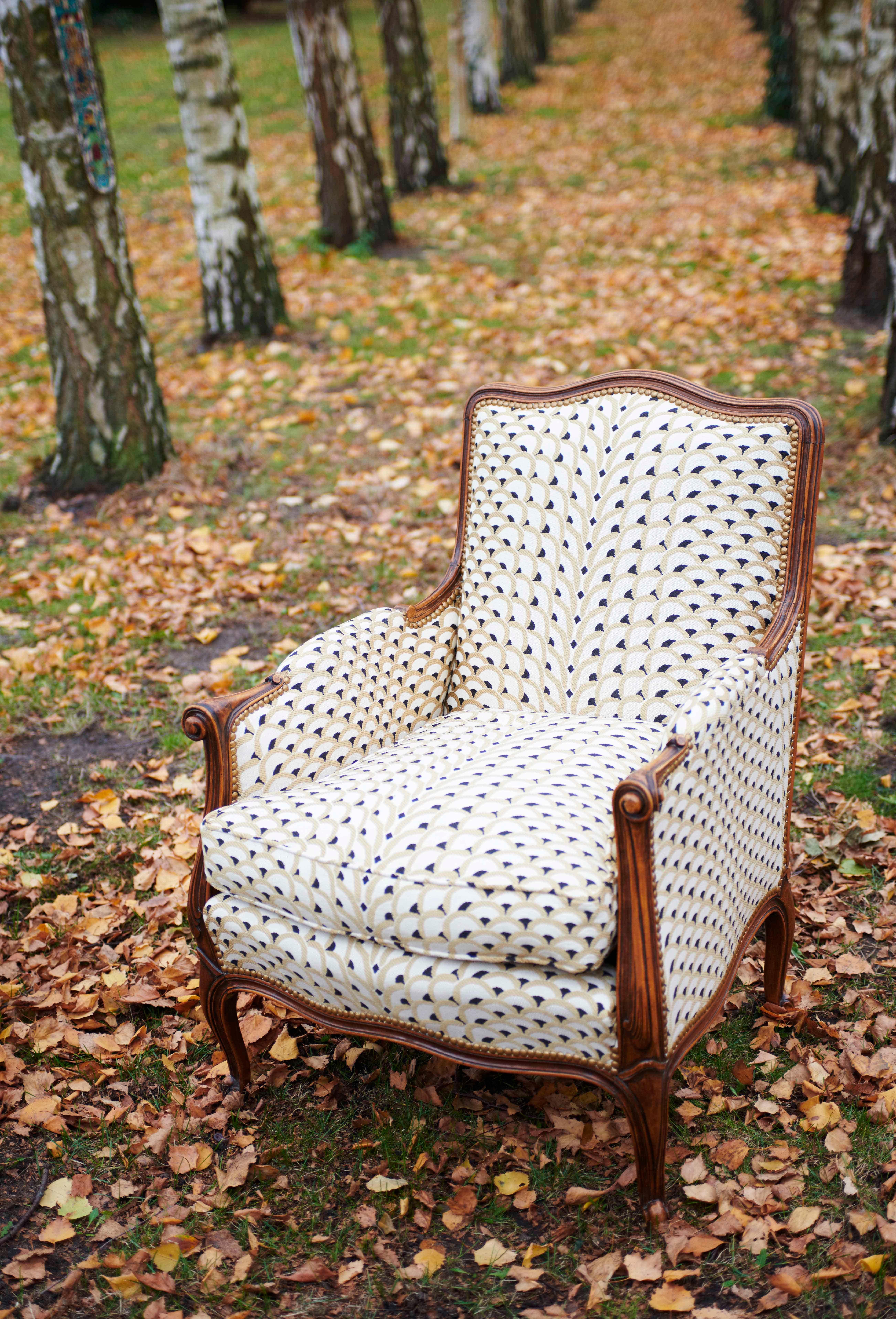 Cotton Louis XV Bergère Style Chair with Pierre Frey Fabric and Antique Suzani For Sale