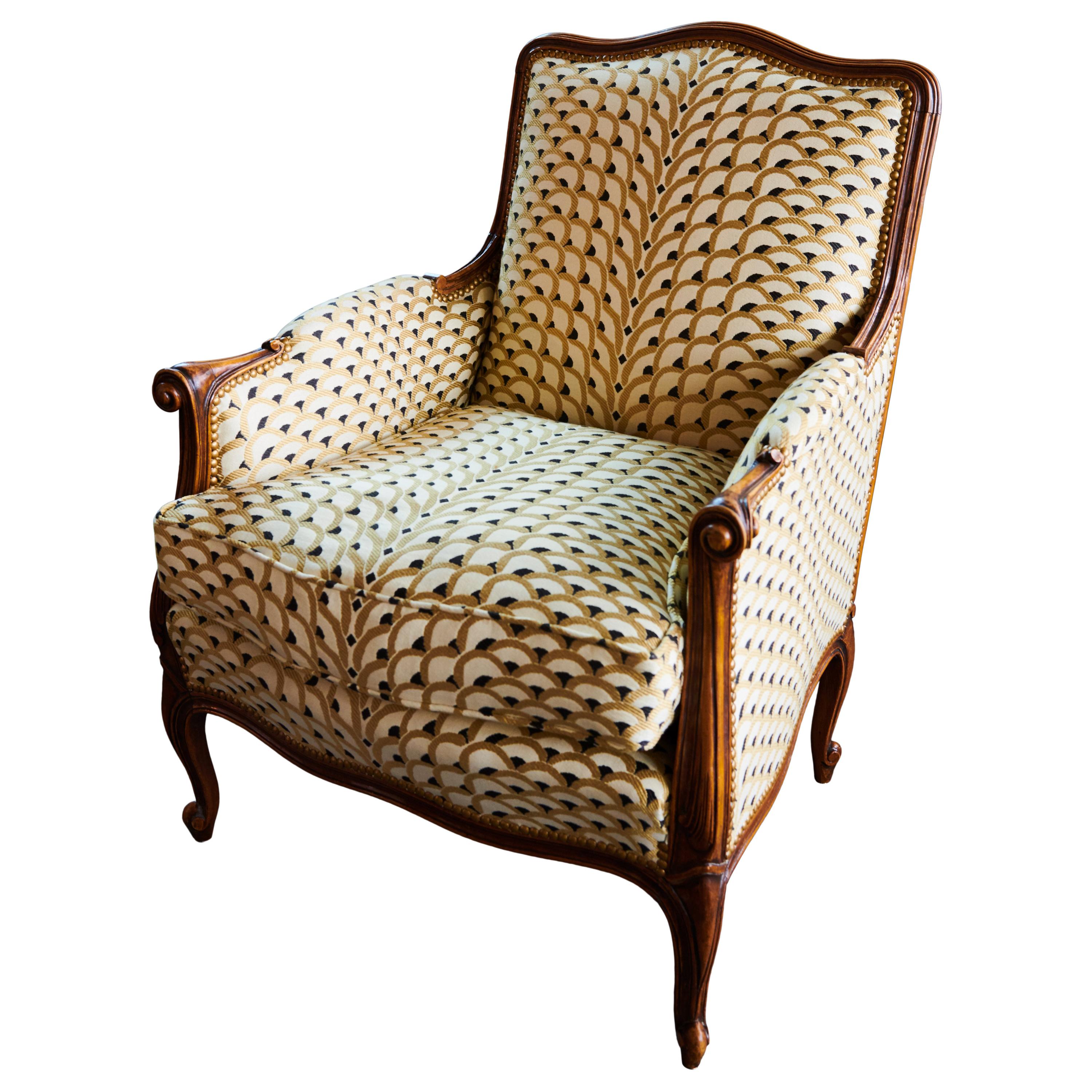 Louis XV Bergère Style Chair with Pierre Frey Fabric and Antique Suzani For Sale
