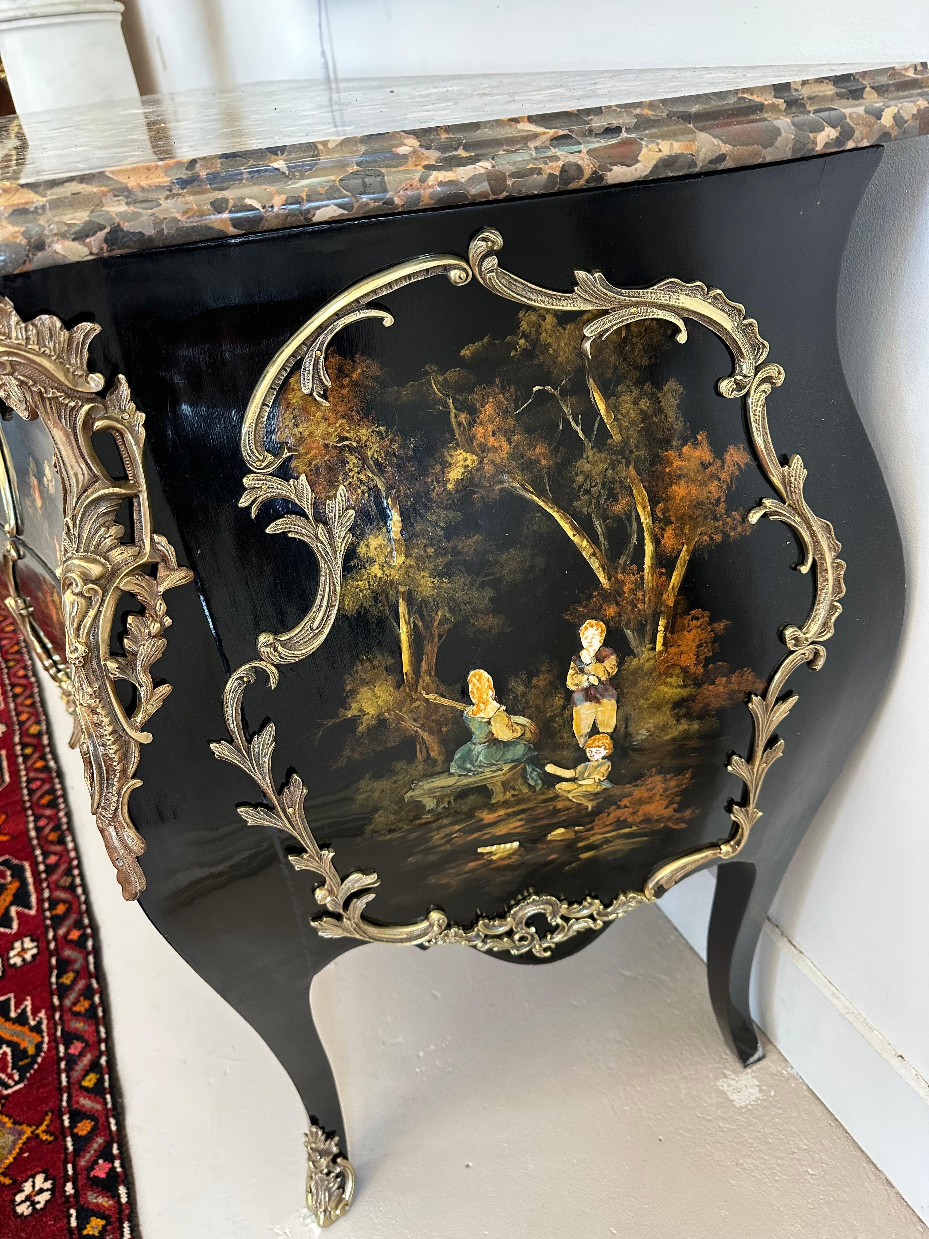 French Louis XV Black ebonized commode, painted and marquetry different materials For Sale