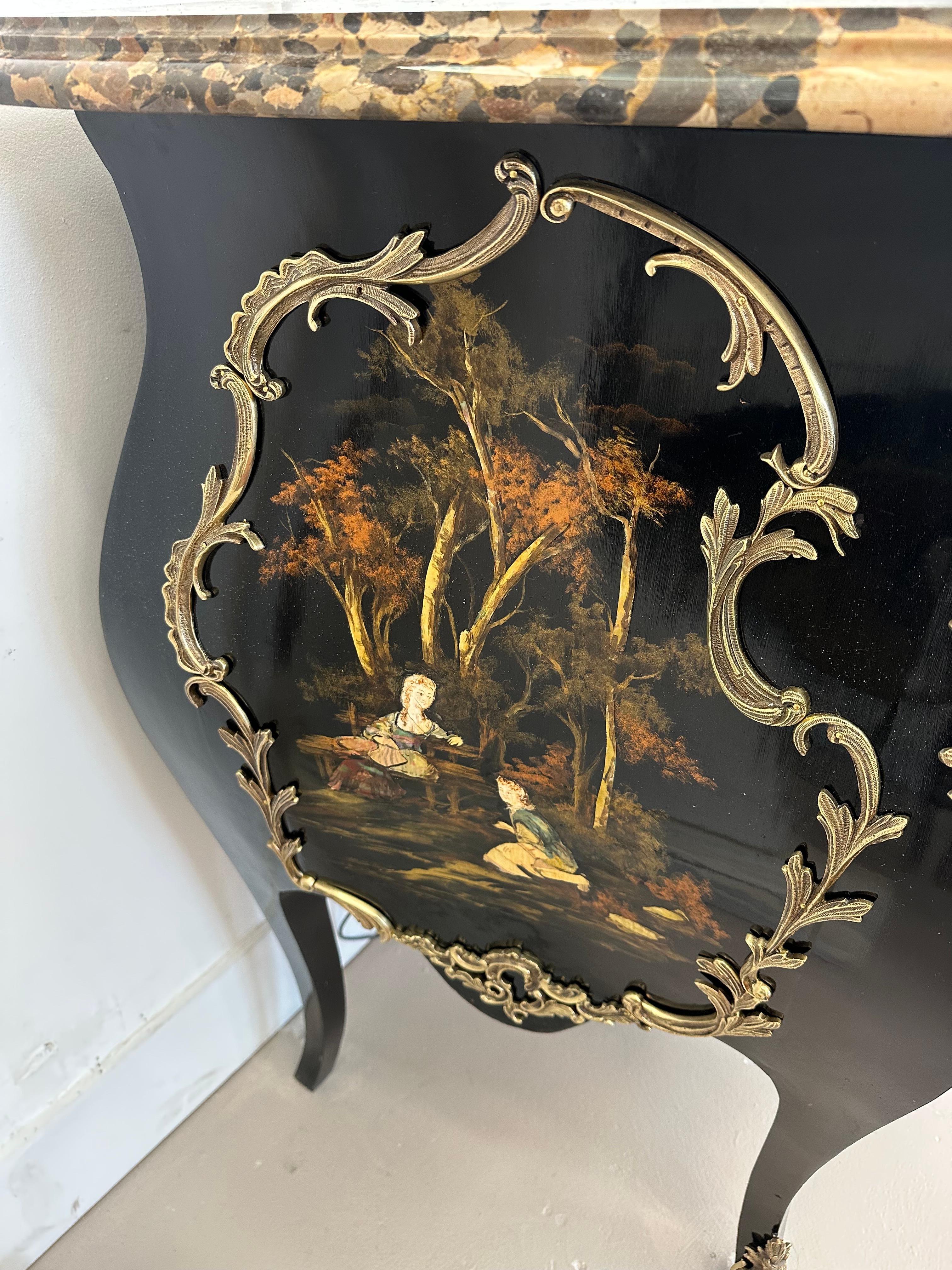 Appliqué Louis XV Black ebonized commode, painted and marquetry different materials For Sale