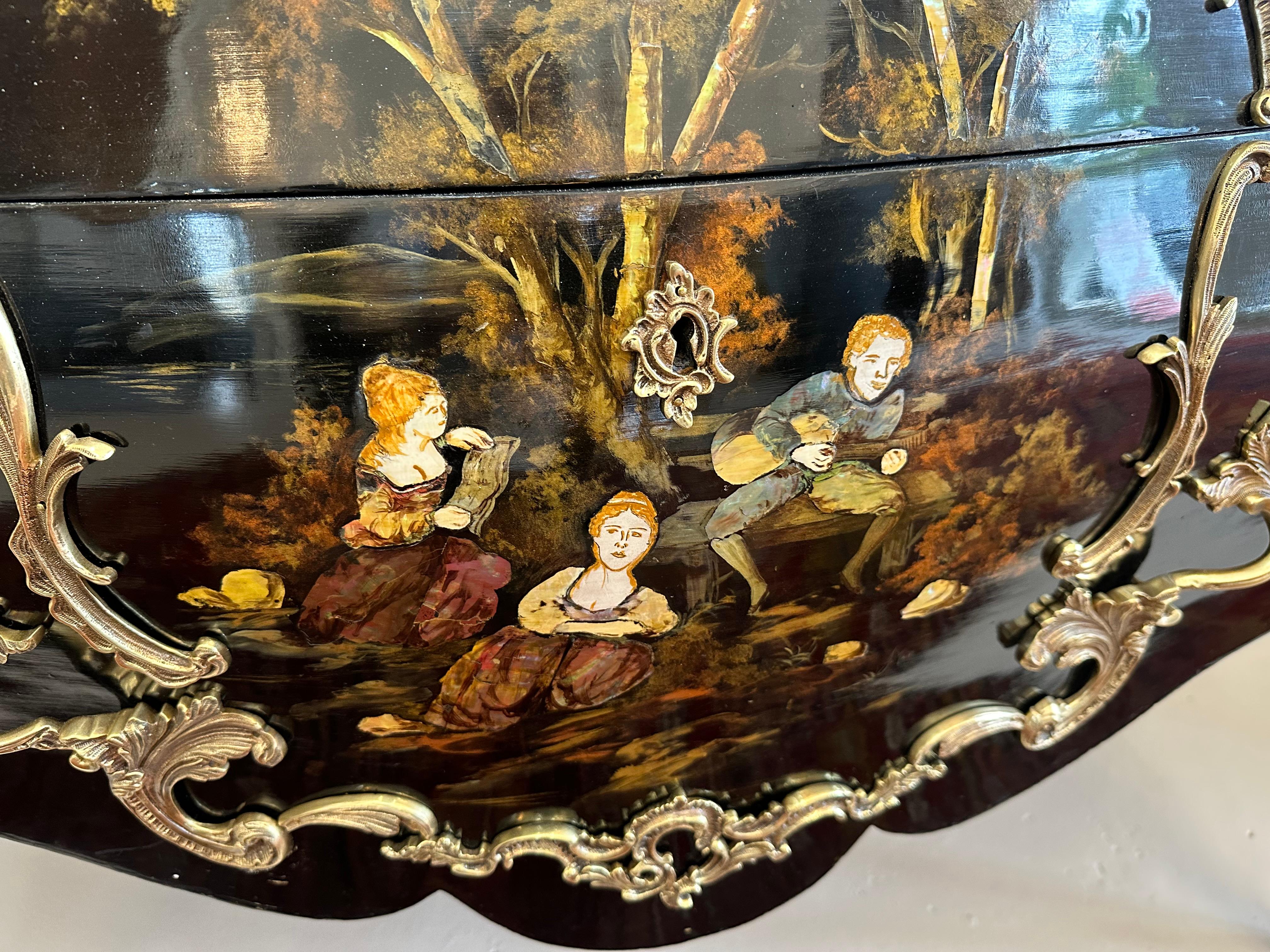 Louis XV Black ebonized commode, painted and marquetry different materials In Good Condition For Sale In Miami, FL