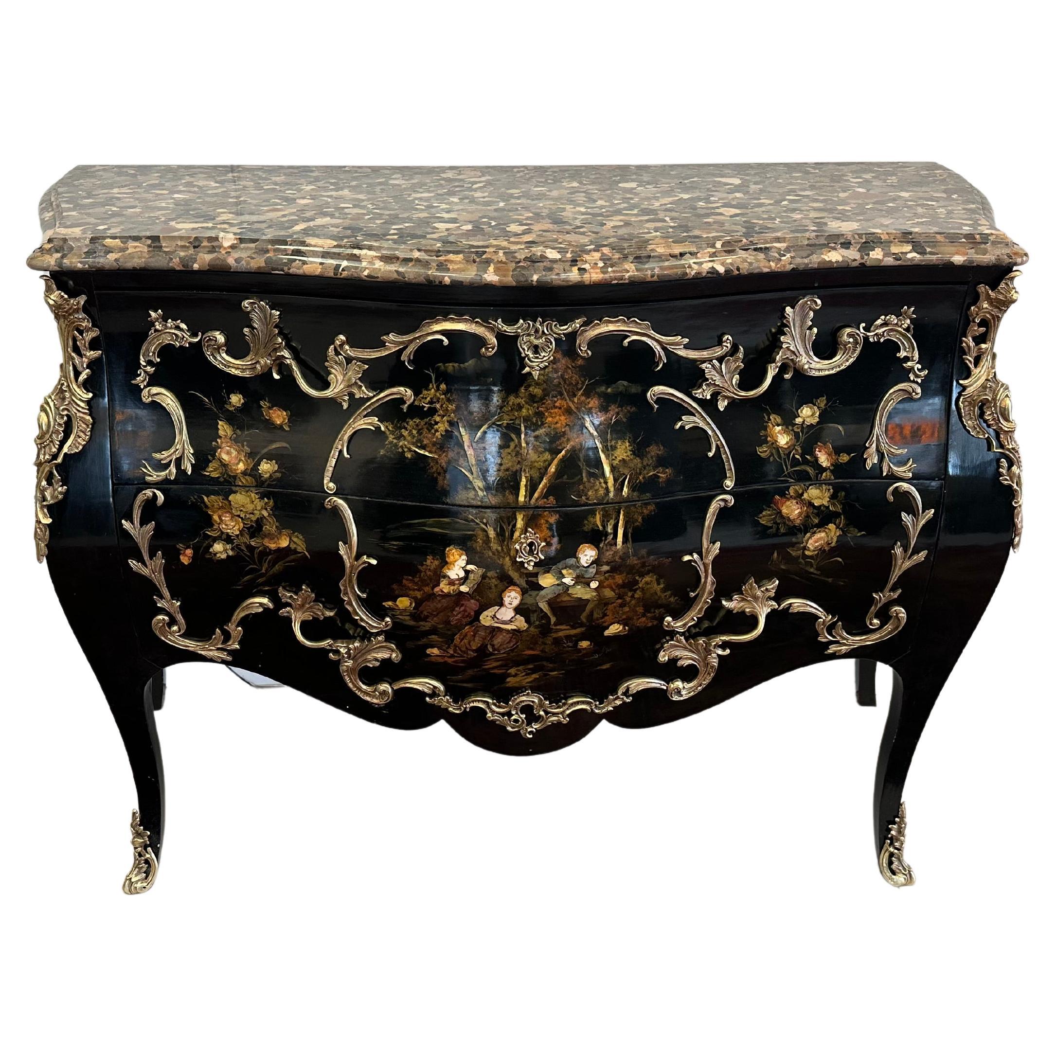Louis XV Black ebonized commode, painted and marquetry different materials For Sale