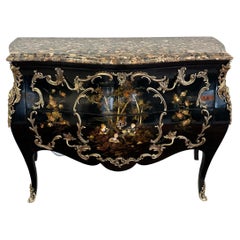 Louis XV Black ebonized commode, painted and marquetry different materials