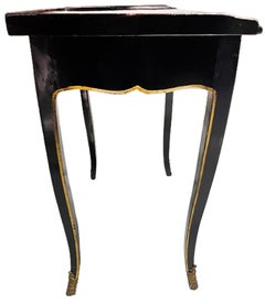 Louis XV Black Lacquer Painted Table Tooled Patinated Leather and Gilt Ormolu