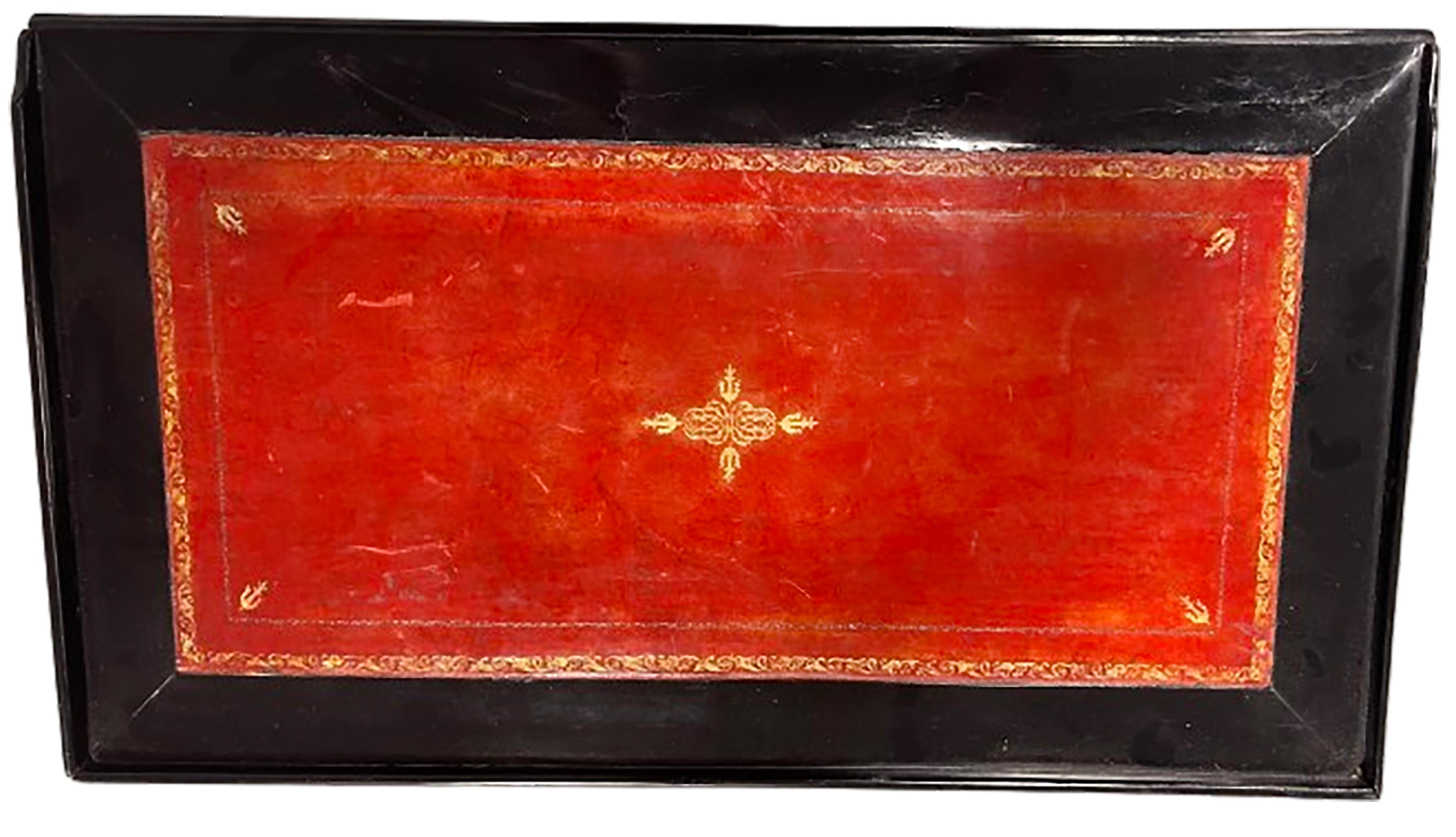 Unknown Louis XV Black Lacquer Painted Table Tooled Patinated Leather and Gilt Ormolu For Sale