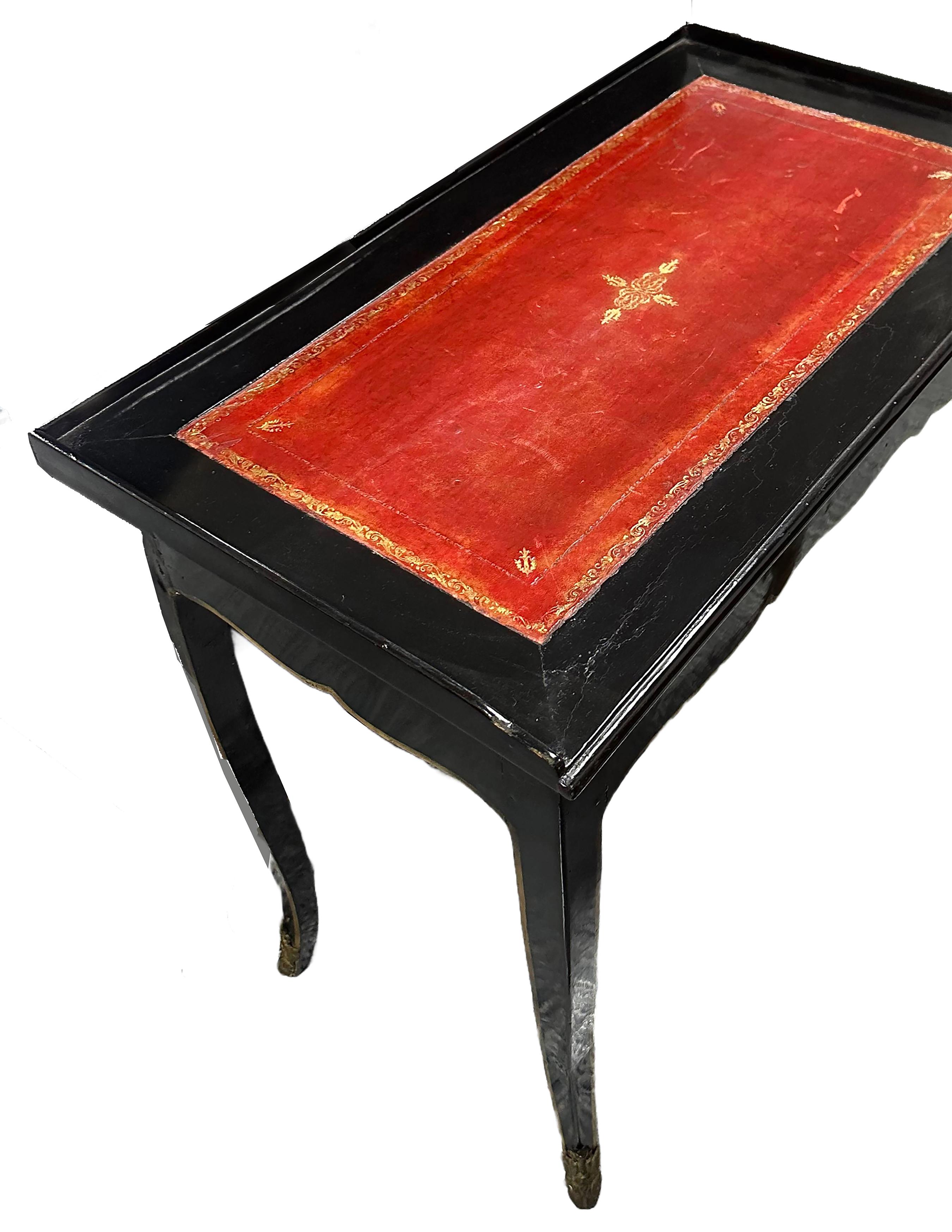 19th Century Louis XV Black Lacquer Painted Table Tooled Patinated Leather and Gilt Ormolu For Sale