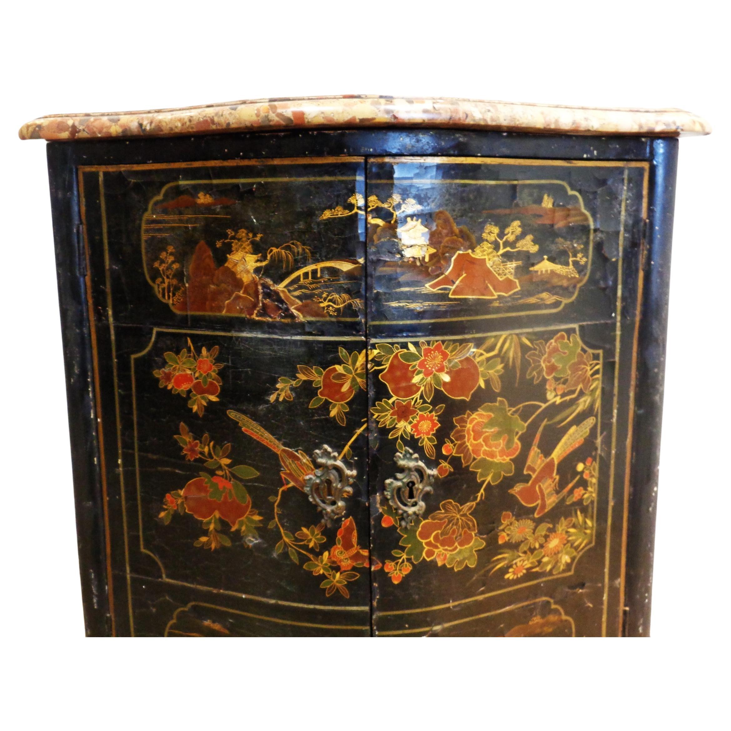 18th century French Louis XV two door bow front corner cabinet with cabriole legs / all over black lacquerered and finely gilded and polychrome chinoiserie decoration - floral vines birds scenic / specimen stone marble top / nicely detailed aged
