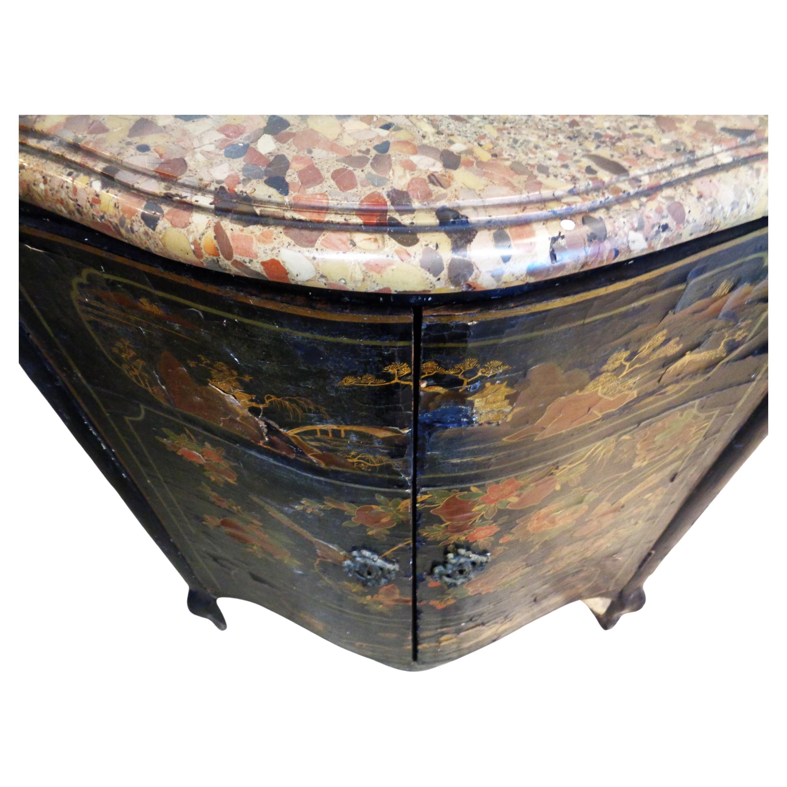 18th Century and Earlier  18th Century Louis XV Lacquered Chinoiserie Decorated Corner Cabinet