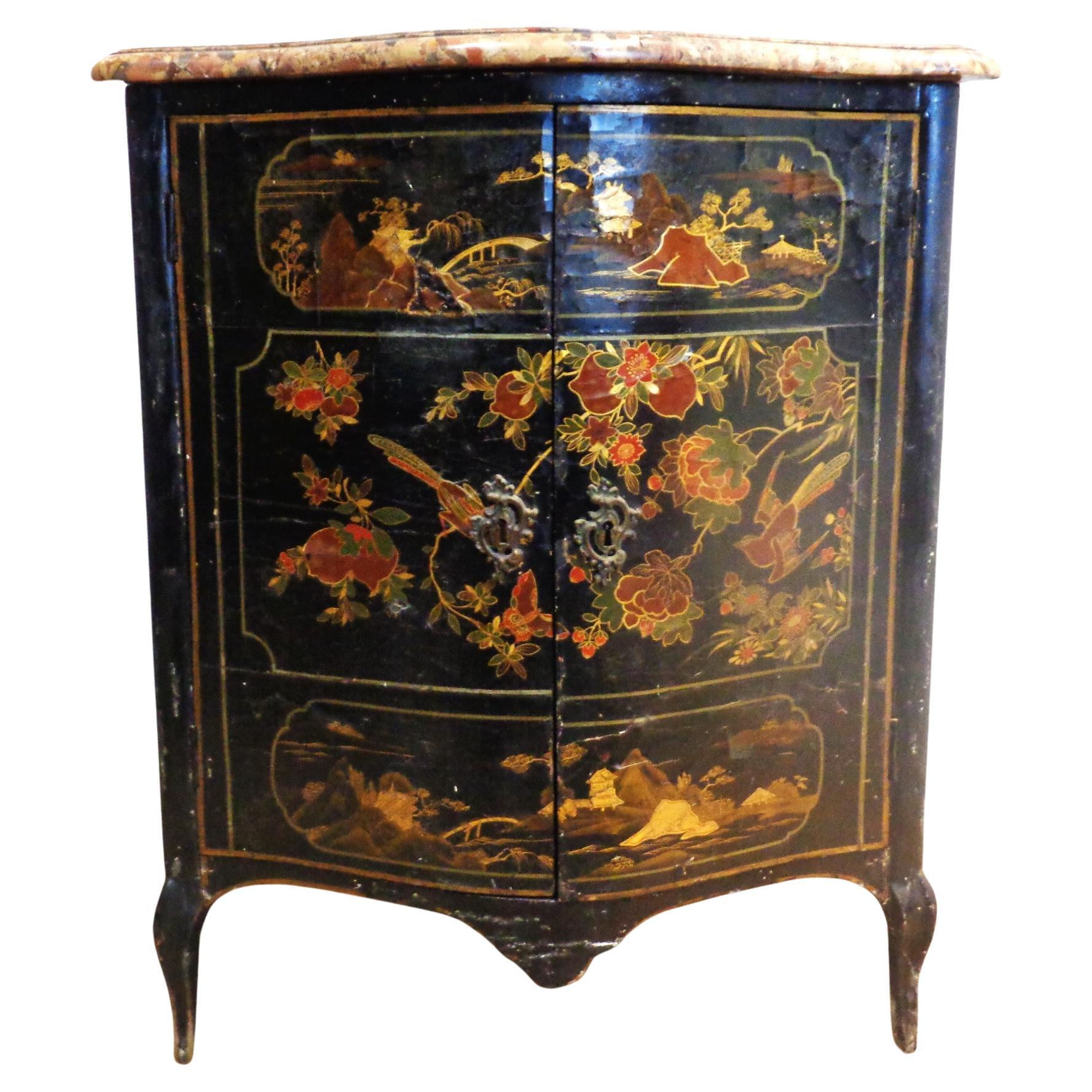 18th Century Louis XV Lacquered Chinoiserie Decorated Corner Cabinet
