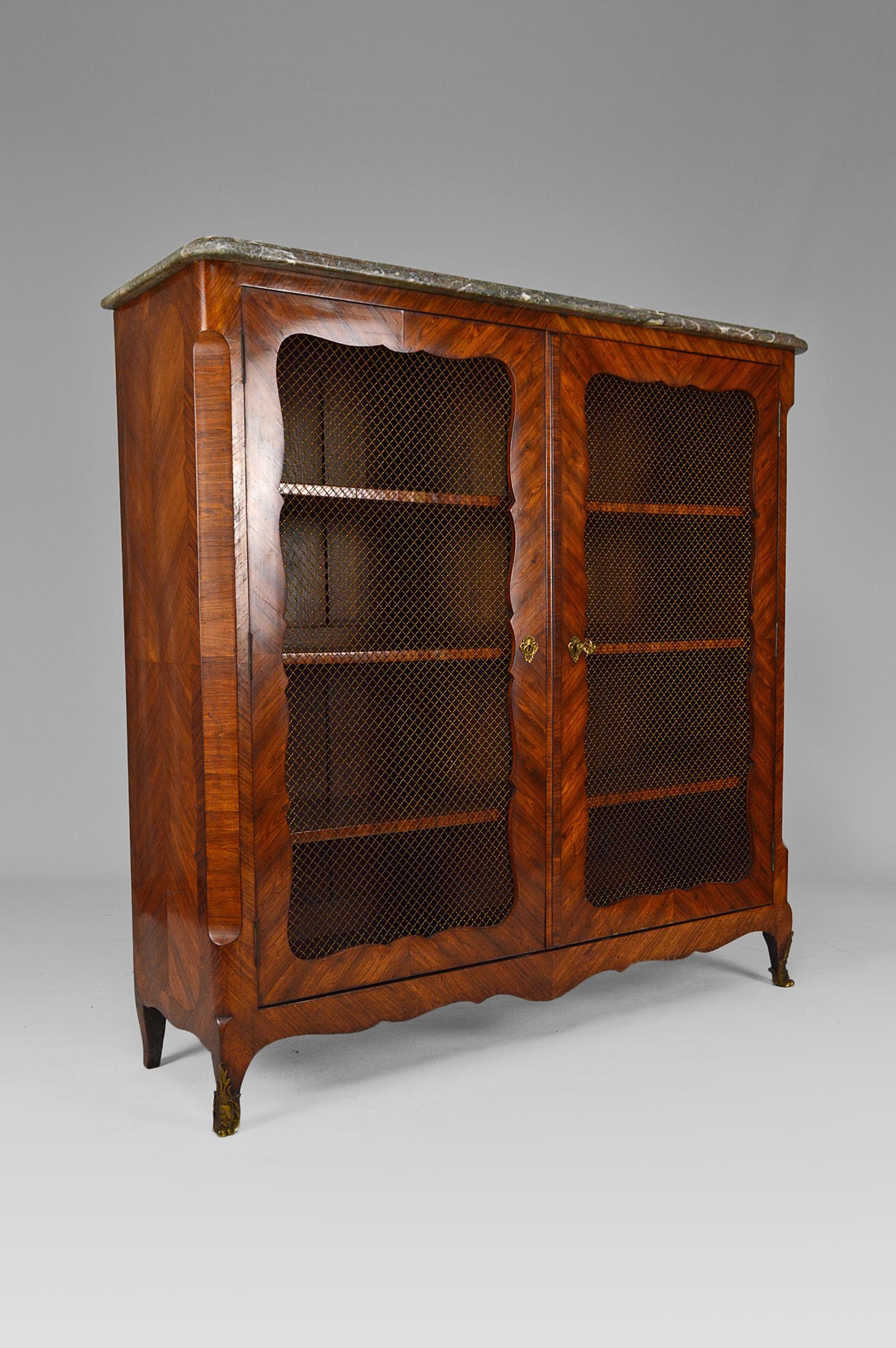 French Louis XV Bookcase by Pierre Garnier with Inlay Wood and Marble Top, circa 1750 For Sale