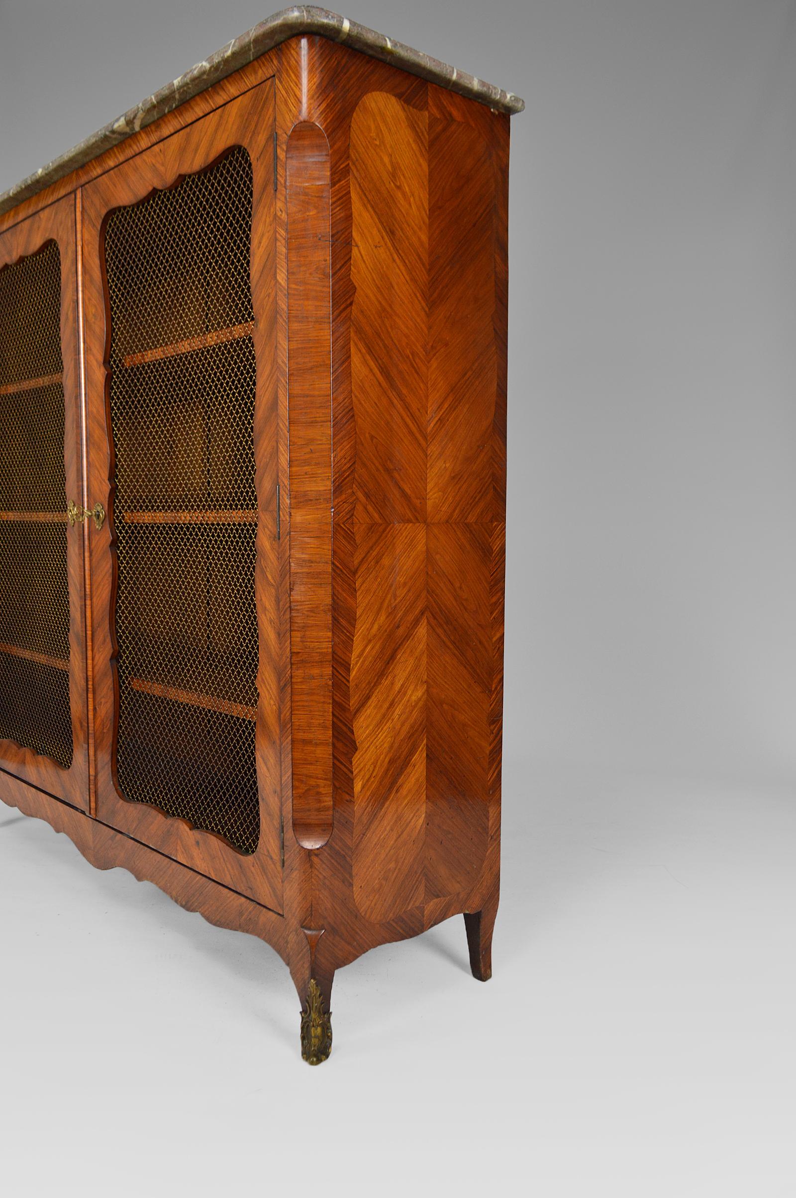 Bronze Louis XV Bookcase by Pierre Garnier with Inlay Wood and Marble Top, circa 1750 For Sale