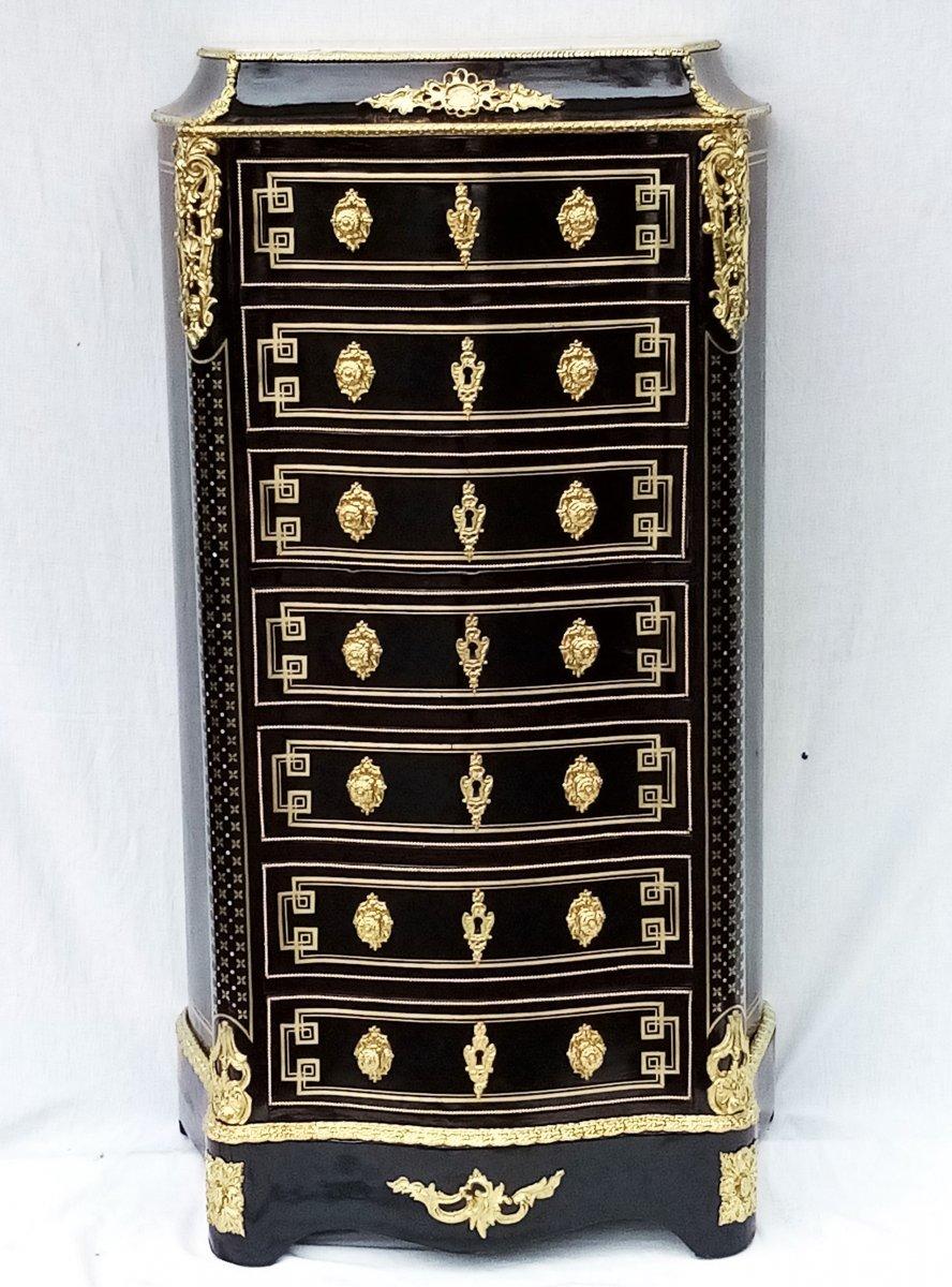 Louis XV style secretary in faux weekly (fake 7 drawers style) made in Boulle Marquetry with a doucine, with brass marquetry threads and uprights with Queen style inlay decoration with brass stars and mother of pearl dots, very beautiful gilt bronze