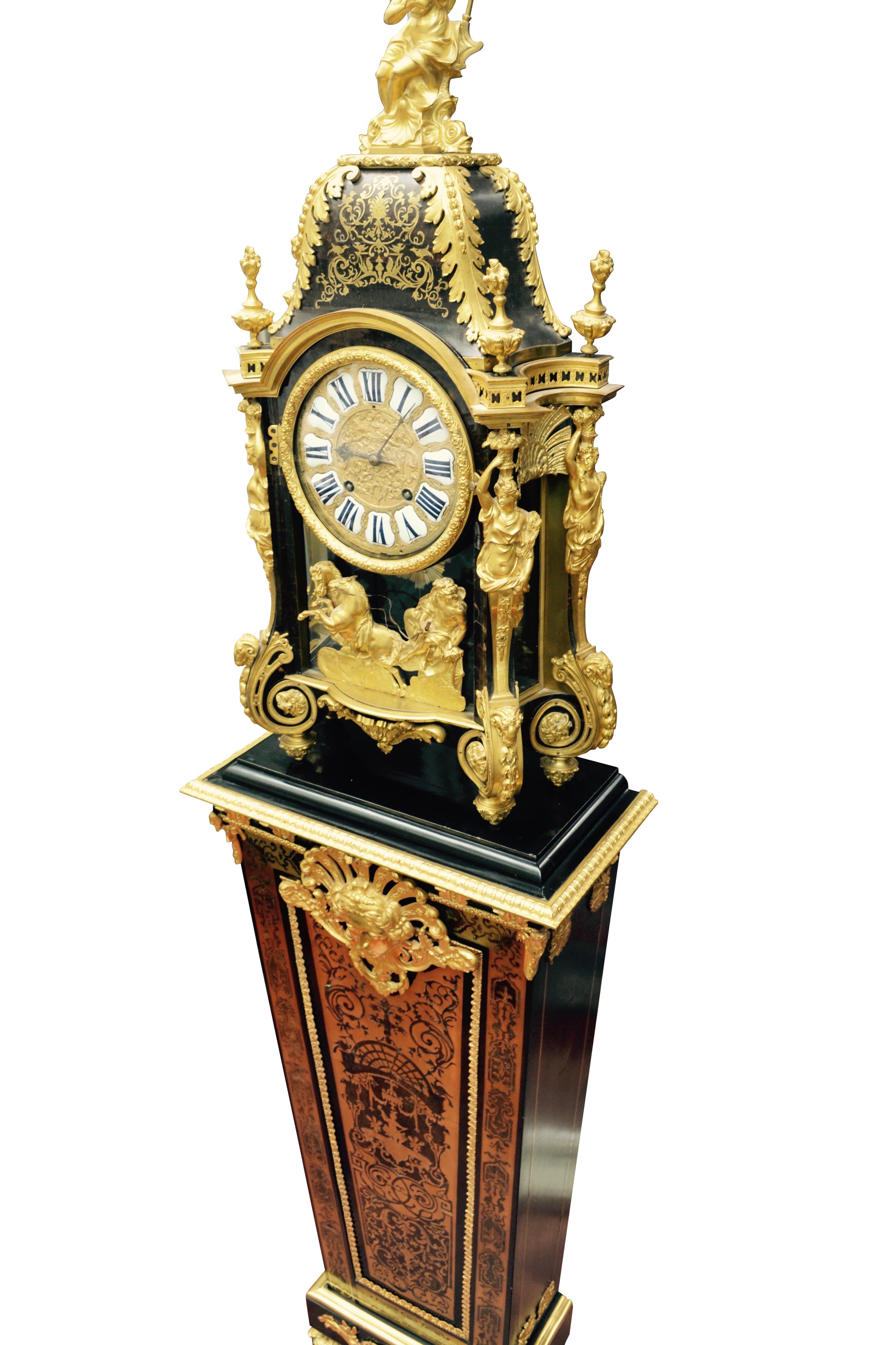 18th Century Louis XV Boulle Pedestal Clock, Movement Signed Duval, Paris