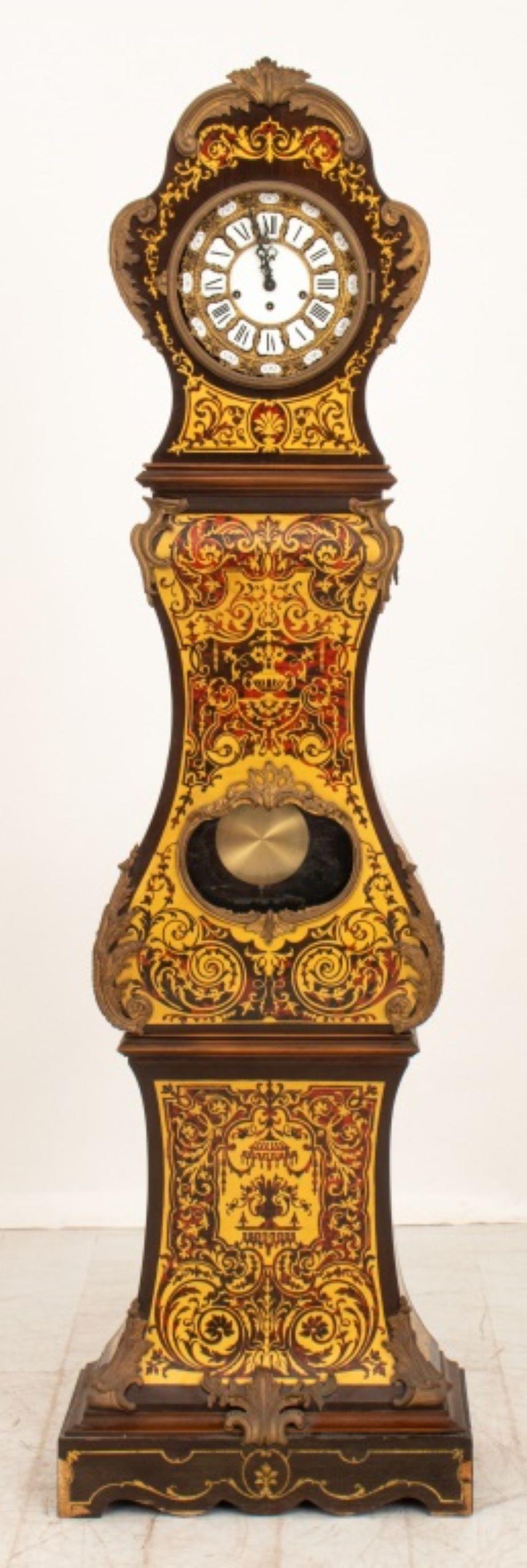 Louis XV Boulle Style Ormolu Walnut Long Case Clock, after a design by Andre-Charles Boulle with porcelain clock face with Westminster chime clock movement, stamped 
