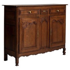 Louis XV Buffet, Brown Wood, Carved Doors, Brass Hardware, 1820