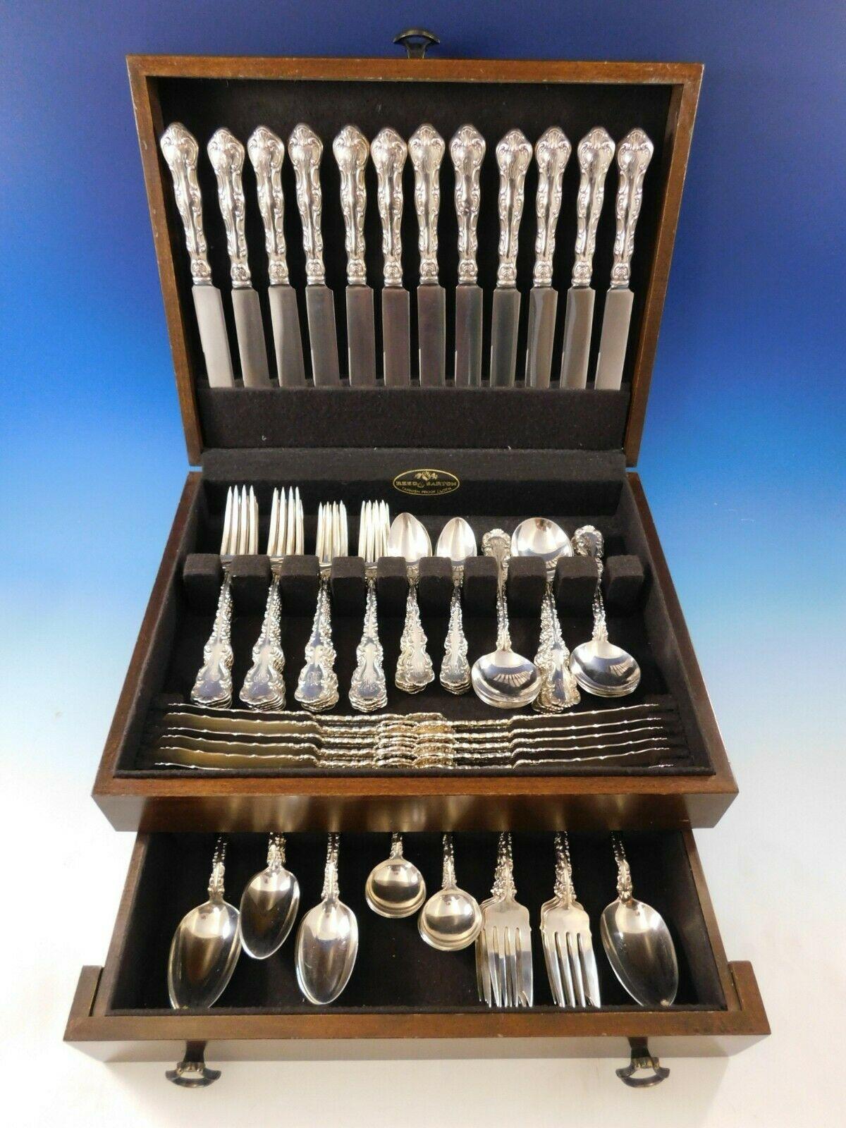 Dinner size Louis XV by Whiting sterling silver flatware set, 110 pieces (with Strasbourg knives). This set includes:

12 dinner size knives, 9 1/2