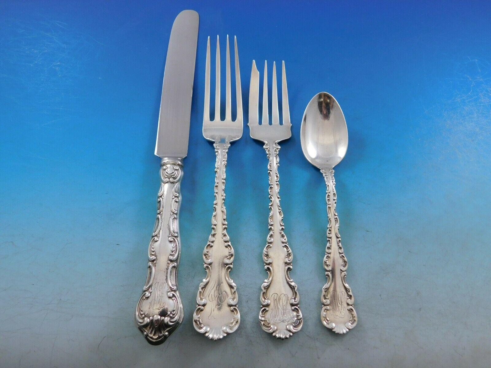 Dinner size Louis XV by whiting sterling silver flatware set, 86 pieces (with Strasbourg knives). This set includes:

12 Dinner size knives, 9 1/2