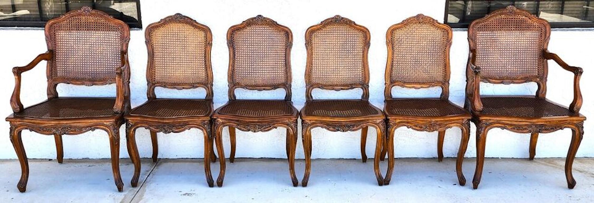 Chaises de salle à manger cannées Louis XV Ensemble de 6 chaises anciennes Bon état - En vente à Lake Worth, FL