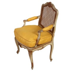 Louis XV Caned Lattice Arm Chair Newly Upholstered in Yellow Linen